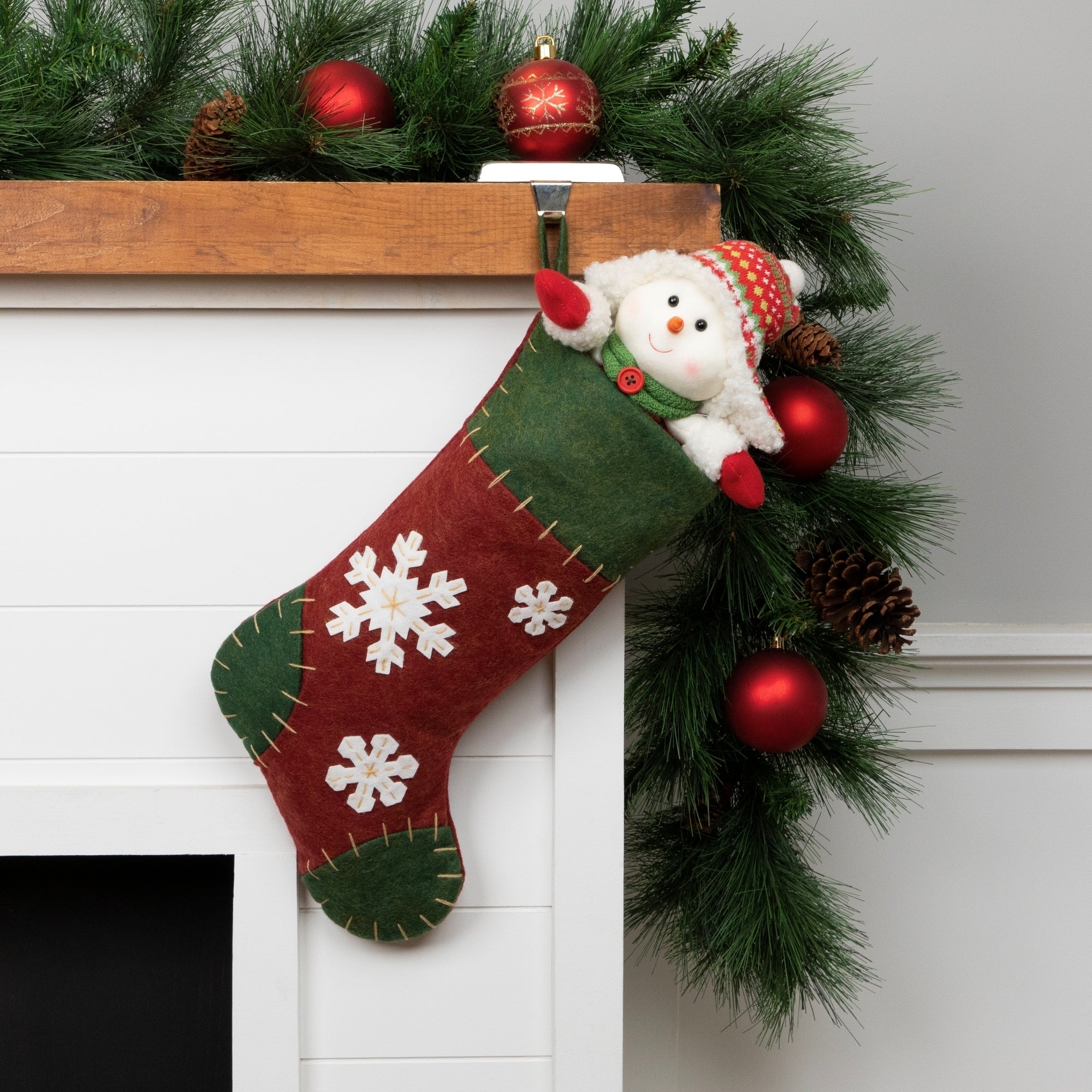 20 Green And Red Snowflake Applique Christmas Stocking With Blanket Stitching