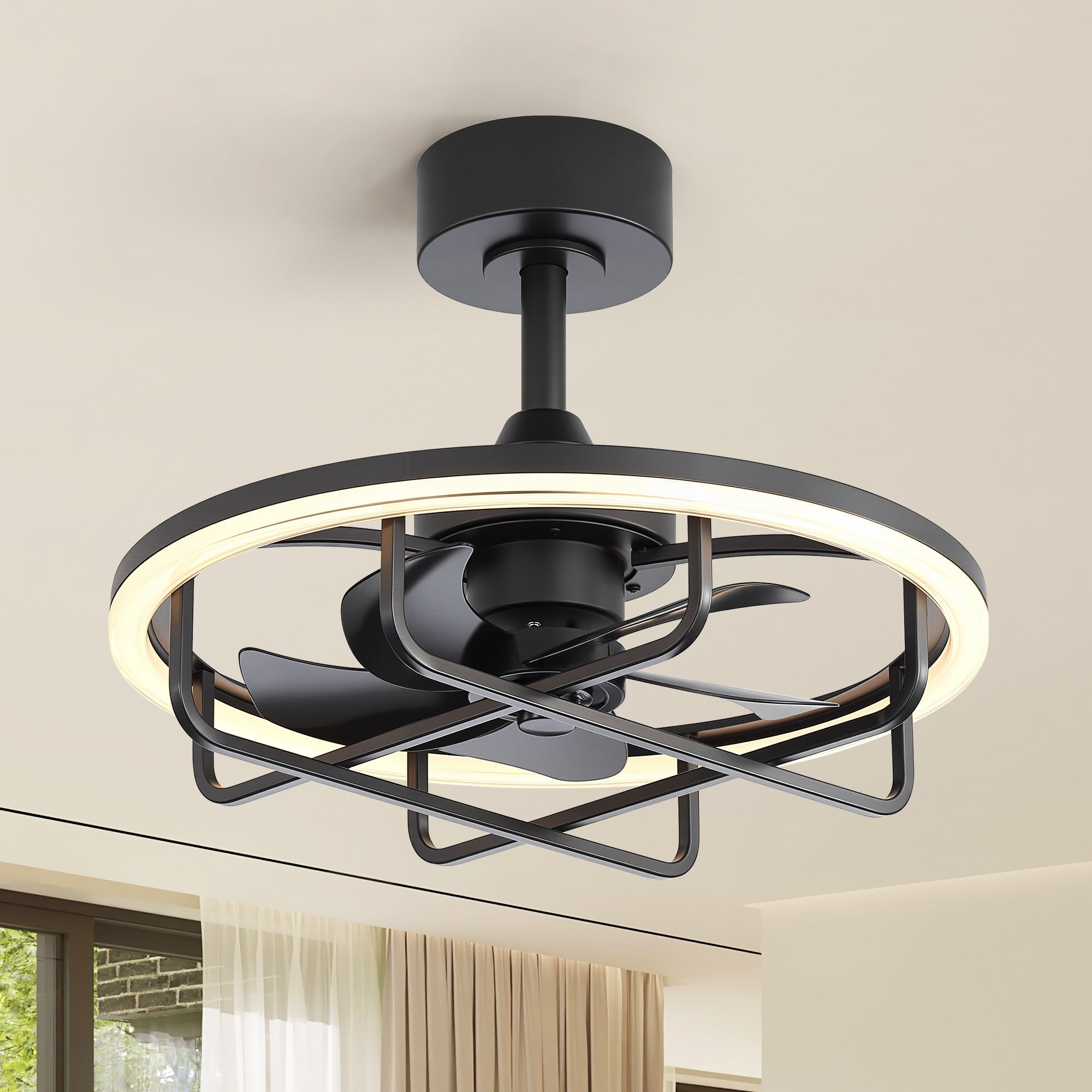 20 Industrial Cage Ceiling Fan With Rgb Light Remote Control Reversible 6 Speed Motor Quiet Bedroom Fan 20 Inch