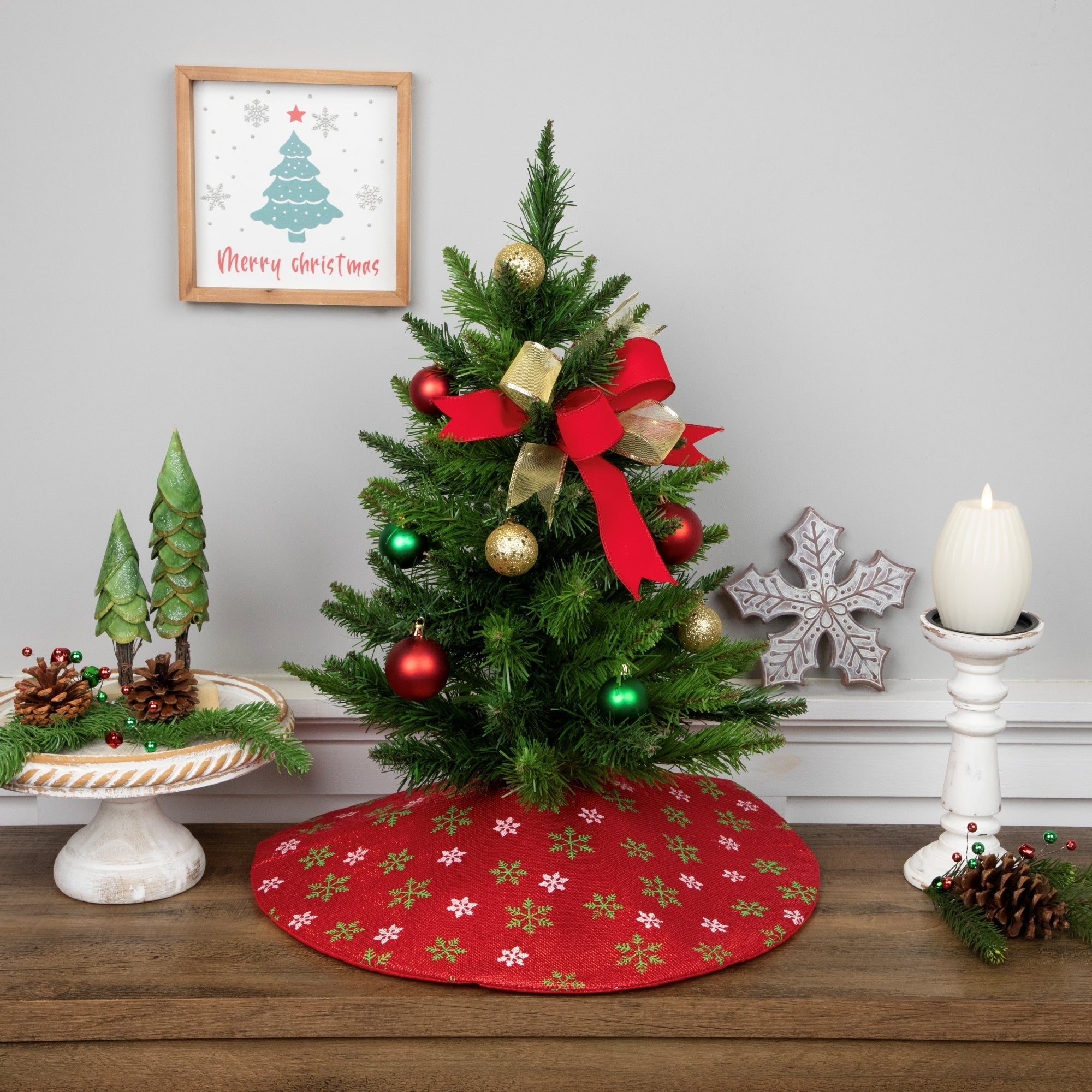 20 Decorative Red Metallic Green And Red Snowflake Mini Christmas Tree Skirt