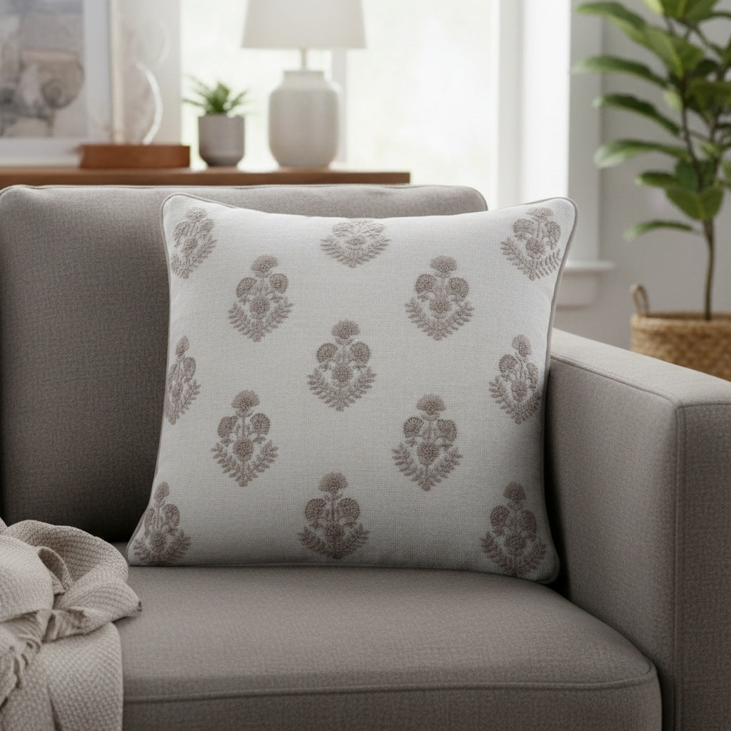 20 Off White And Taupe Floral Linen Throw Pillow Cover With Embroidery