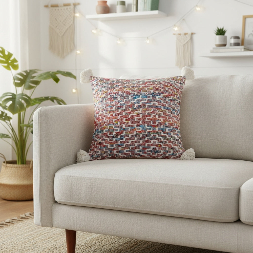 20 Red Blue And Natural Geometric Polyester Blend Throw Pillow Cover With Tassels