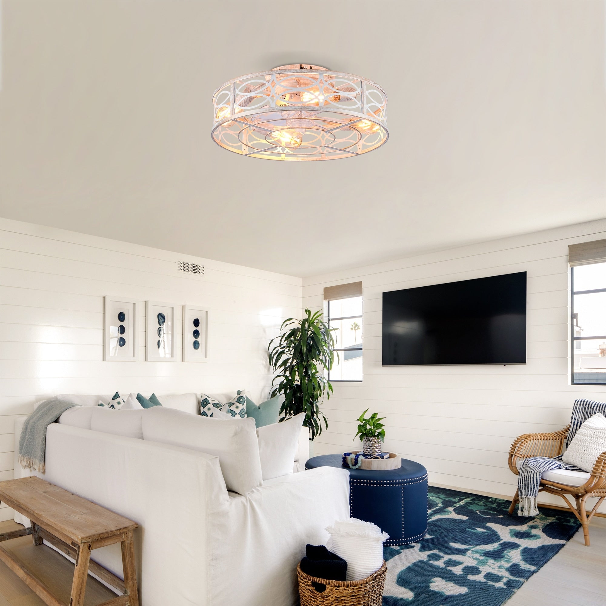 20 Retro White Caged Ceiling Fan With Lights And Remote Without Bulbs