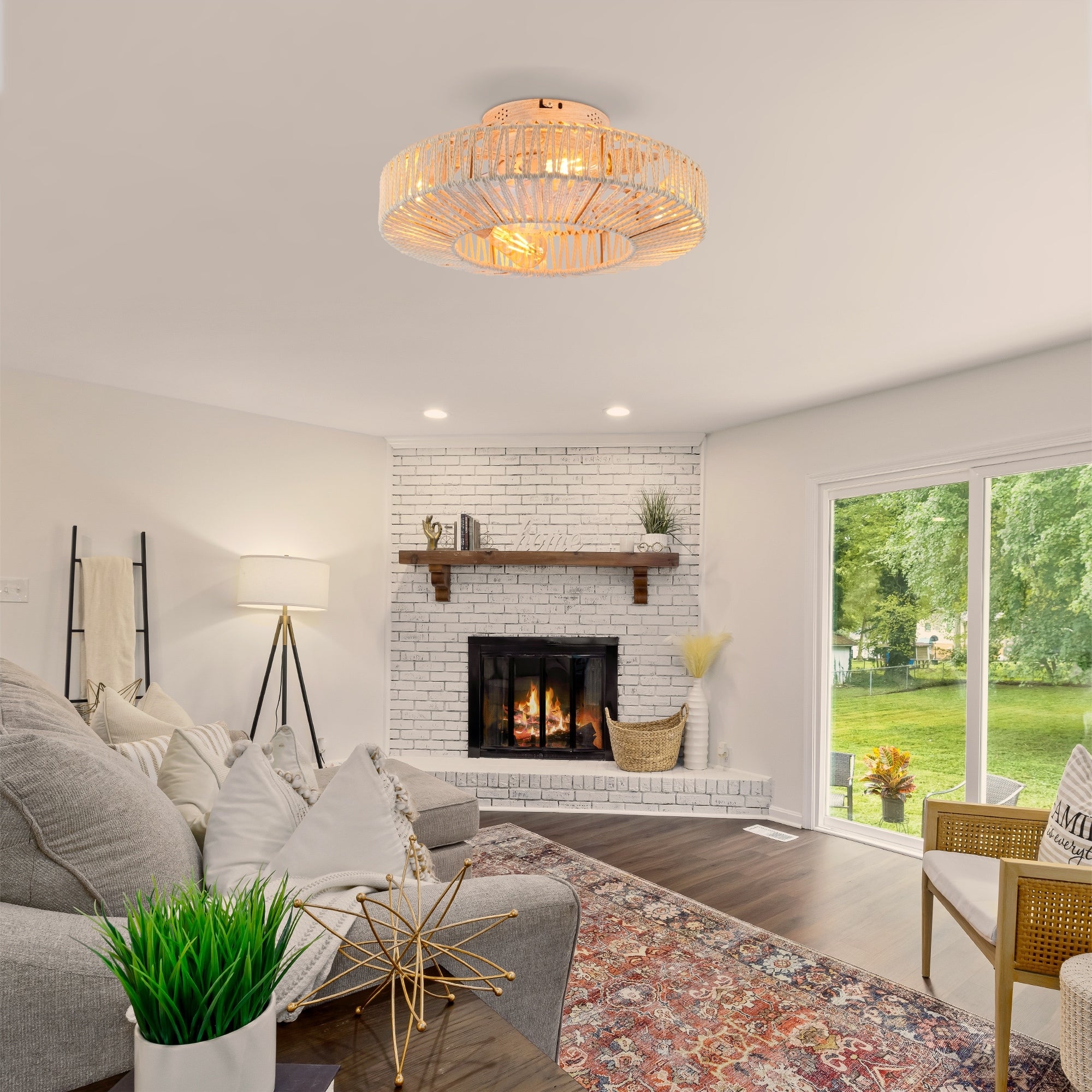 20 Rope Caged Flush Mount Ceiling Fans With Remote Without Bulbs