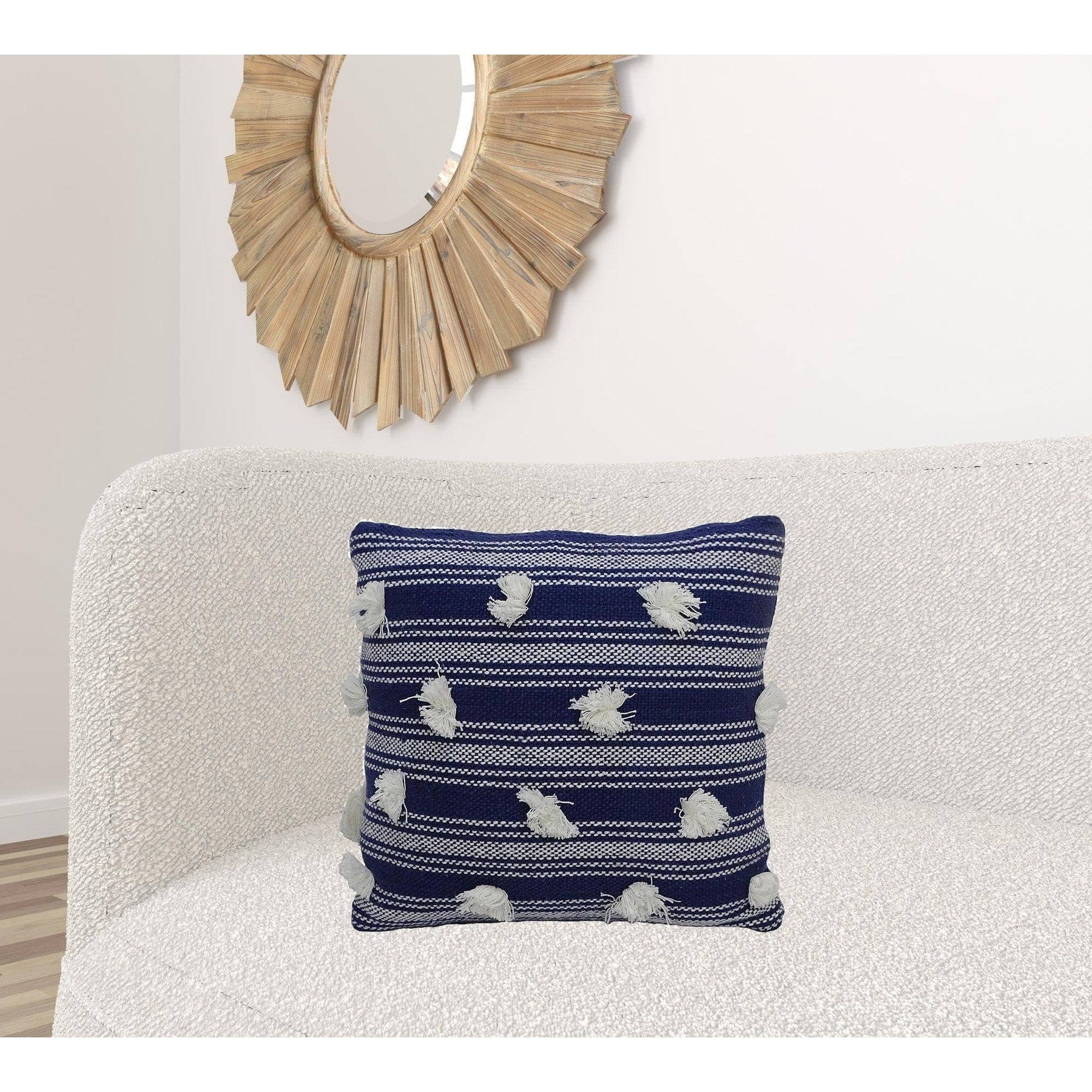 20 X 20 Navy And White Striped Textural Throw Pillow With Pom Poms