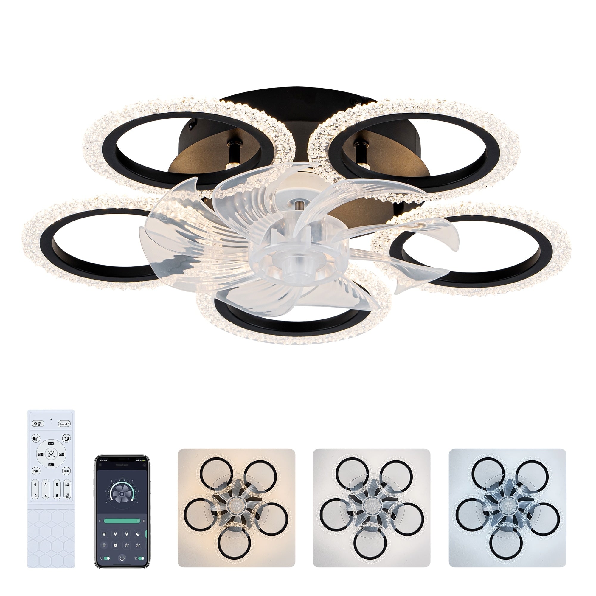 20 Modern Ceiling Fan With Lights Remote Control.Black 6 Speeds 3 Light Color Low Profile Flush Mount Ceiling Fan