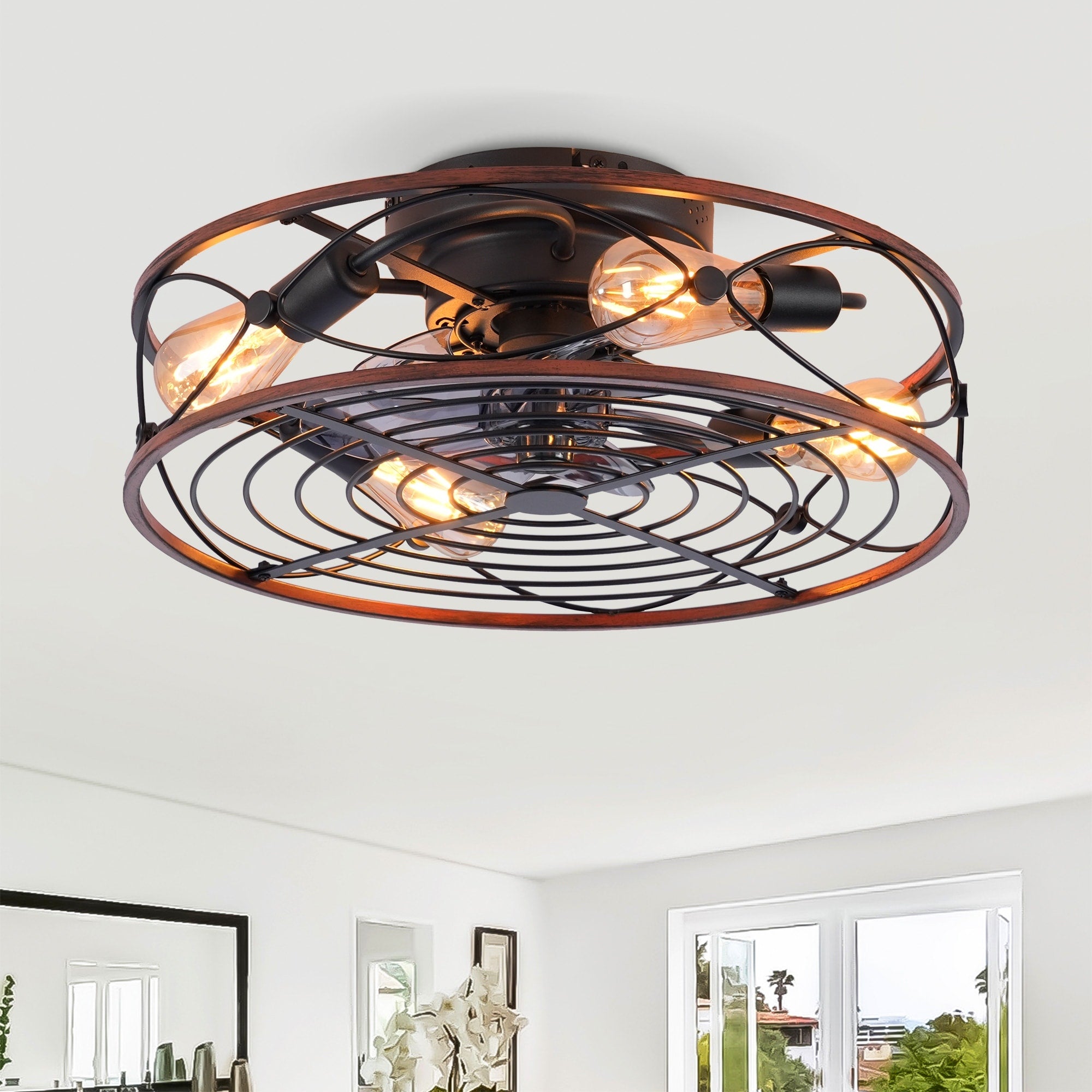 20 Farmhouse Caged Ceiling Fan With Lights And Remote Control Black Bladeless Reversible Dc Motor Ceiling Fan
