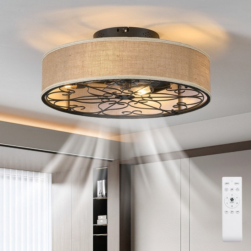 20 Farmhouse Caged Ceiling Fan With Lights And Remote Flush Mount Low Profile Fandalier Ceiling Fan With Fabric Shade