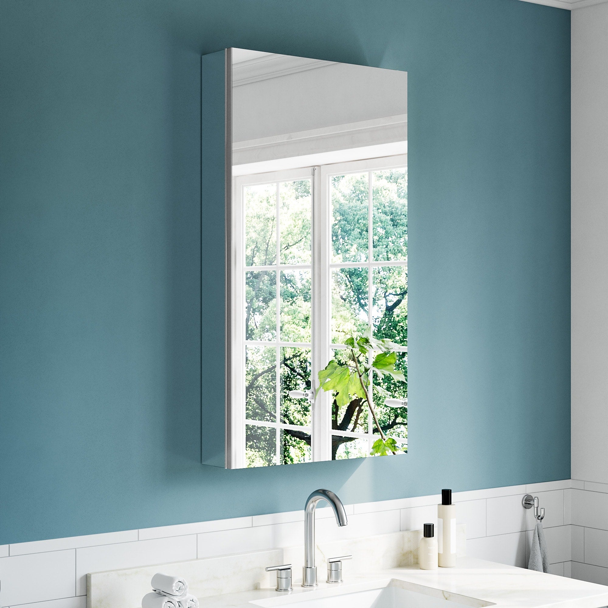 20X36 Tri View Mirrored Medicine Cabinet With Soft Close Blum Hinges Reversible Door Recess Surface Mount Aluminum Body