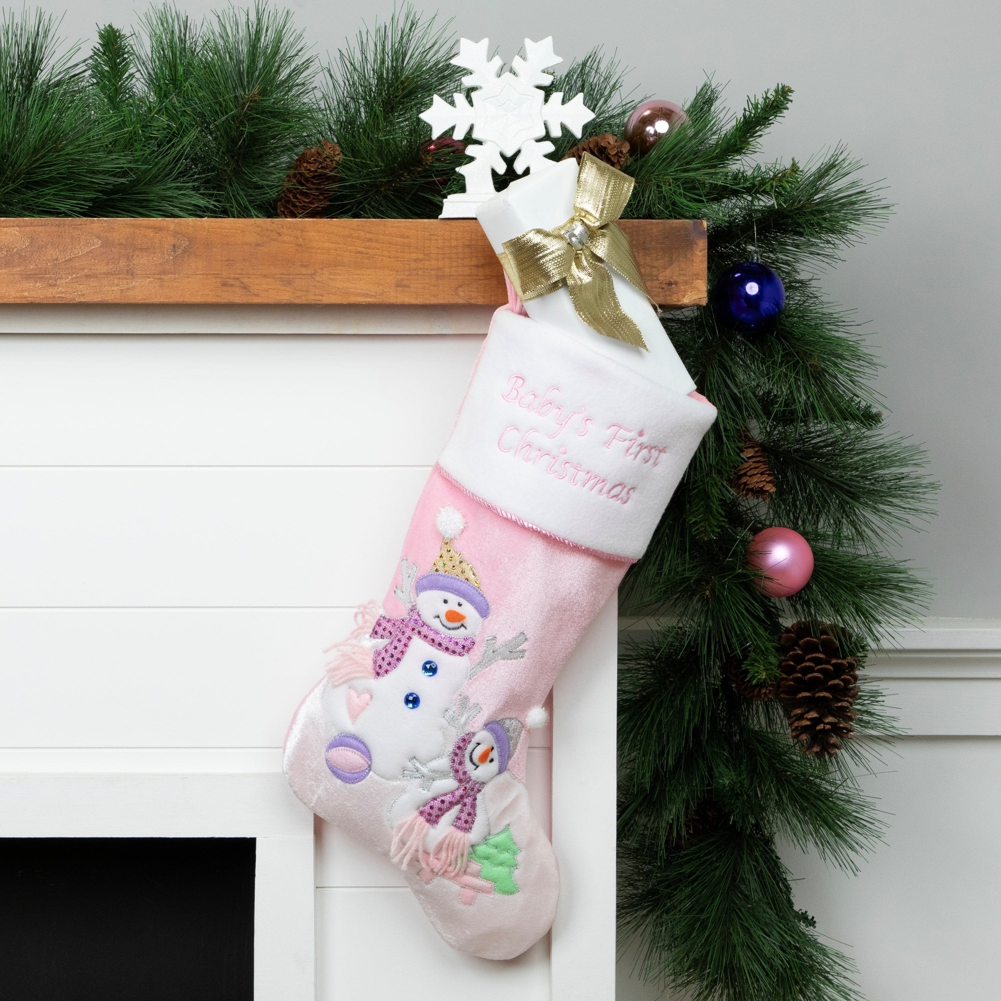 21 Light Pink Babys First Christmas Velveteen Snowmen Christmas Stocking