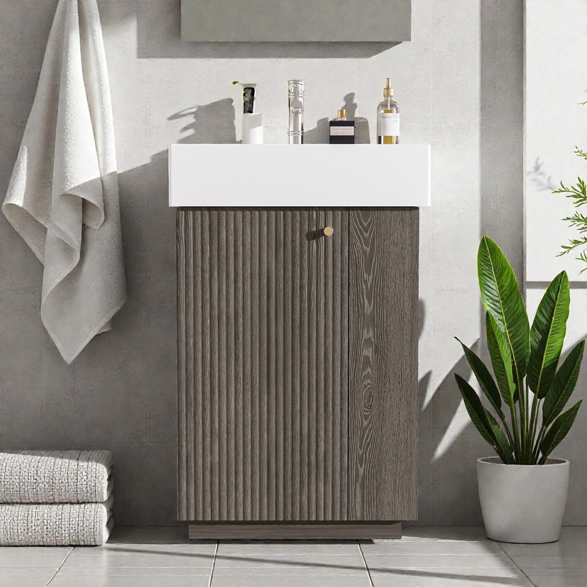 21.6 Bathroom Vanity With Ceramic Sink Freestanding Left Door Wood Grain Cabinet With Open Storage