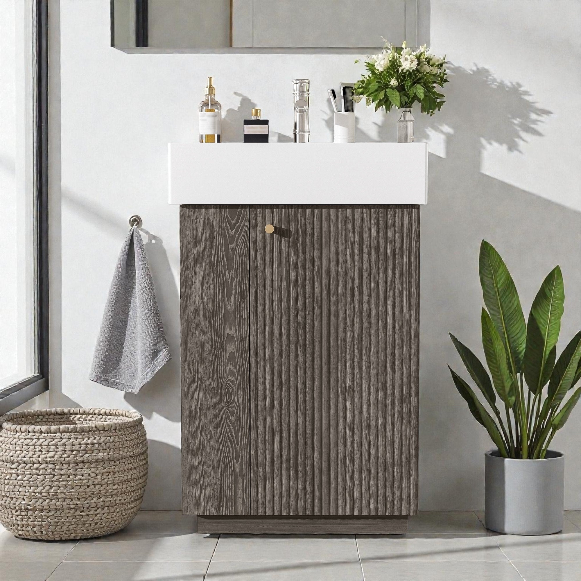 21.6 Bathroom Vanity With Ceramic Sink Freestanding Wood Grain Cabinet With Soft Close Door For Small Baths