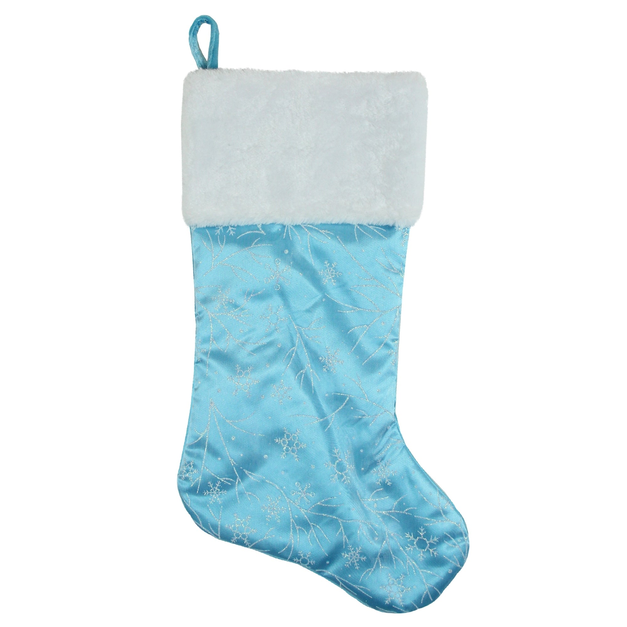 21 Blue And White Glitter Snowflake Christmas Stocking With White Faux Fur Cuff
