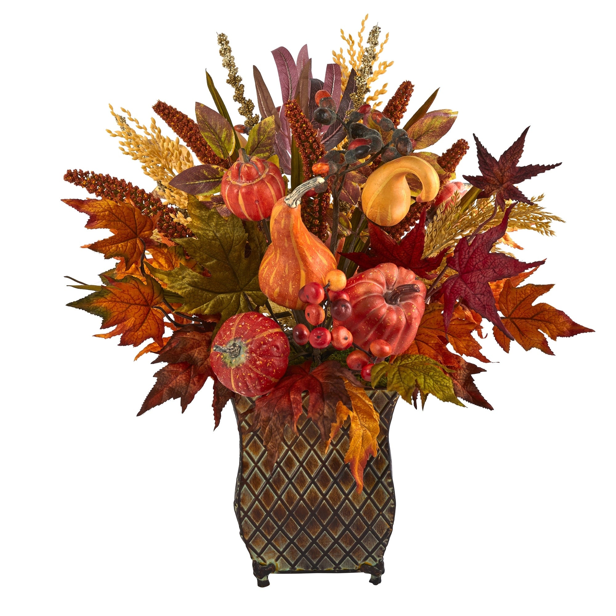 21 Pumpkin Maple Leaf And Sorghum Harvest Arrangement In Planter