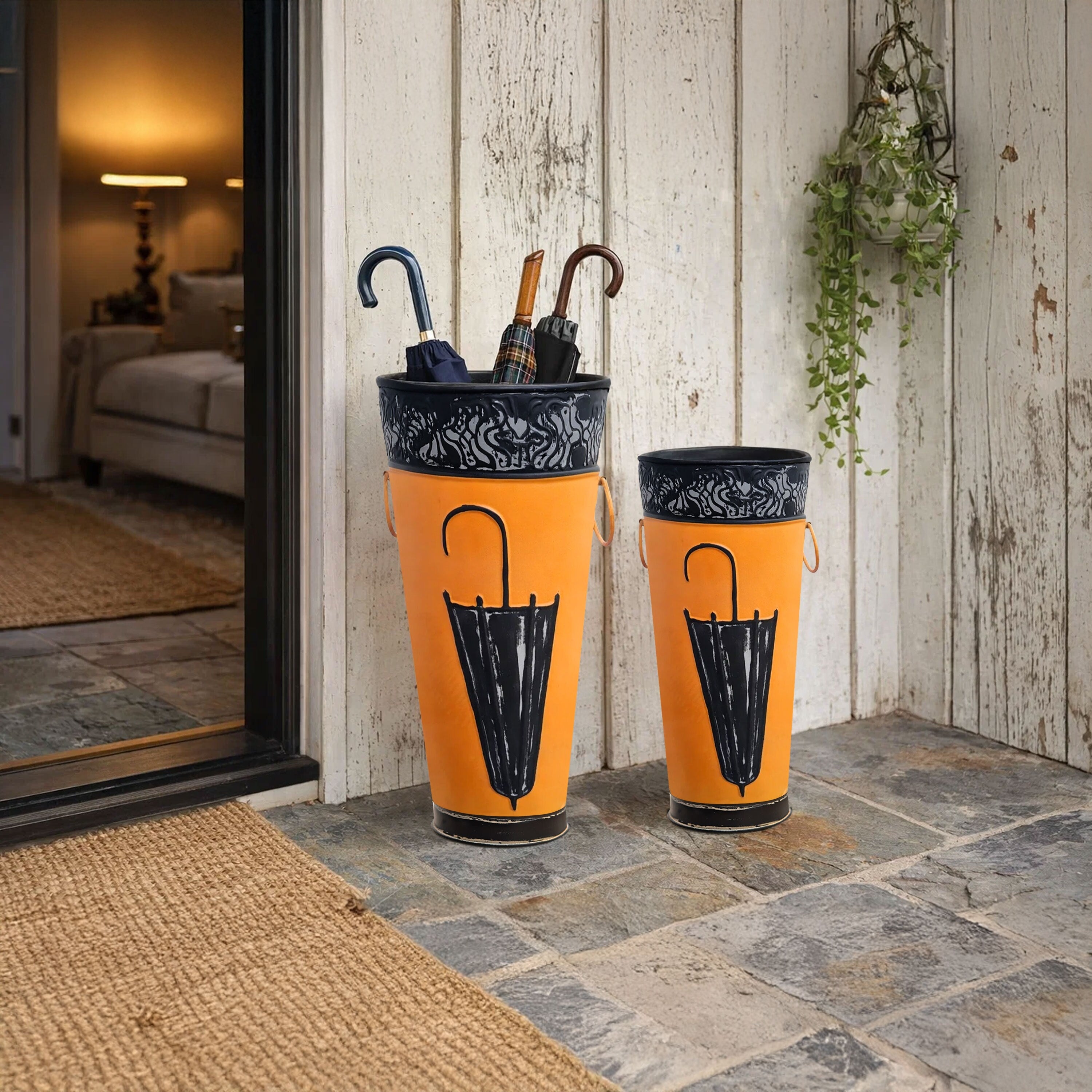 Benzara Set Of 2 Metal Umbrella Stand Brown