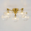 22 In. 5 Light Modern Brass Clear Ribbed Glass Globe Semi Flush Mount Ceiling Light 22.05 In. Diameter X 8.66 In. Height