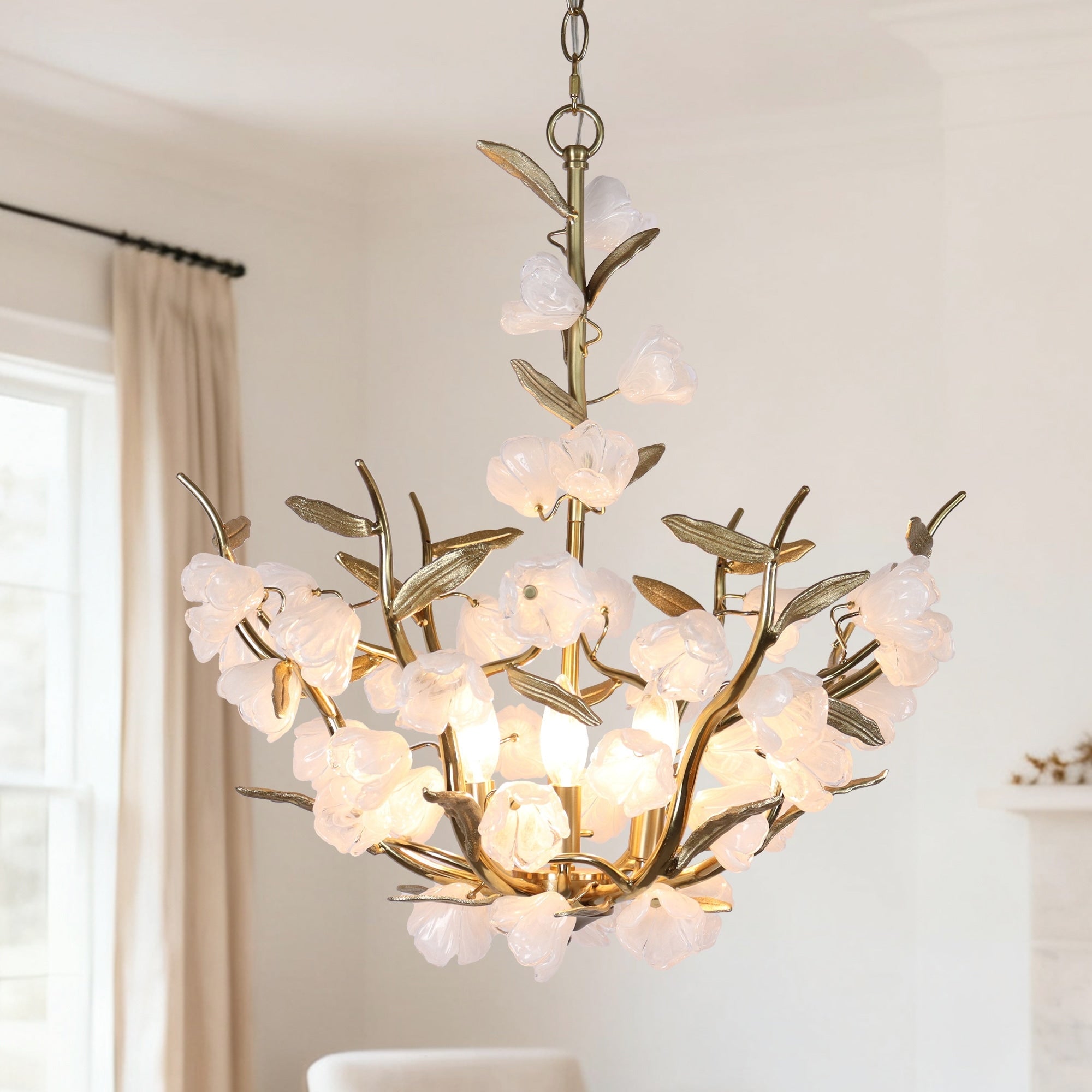 22.2 6 Light Floral Chandelier Antique Gold Leaf Glass Flower Ceiling Lights Diameter 22.2 Height 24