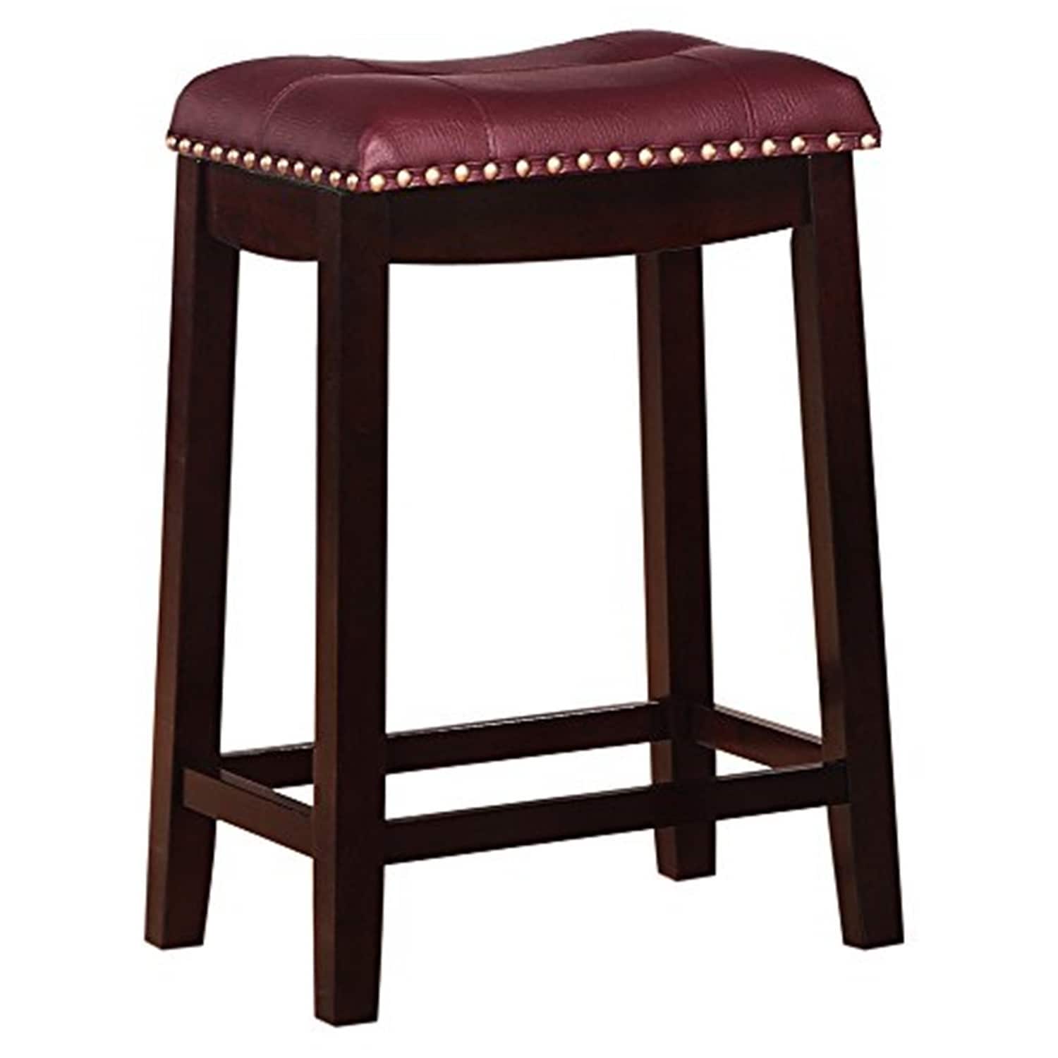 22.5 In.H Red Finish Low Back Wood Frame Barstool Leather Seat Set Of 1 24