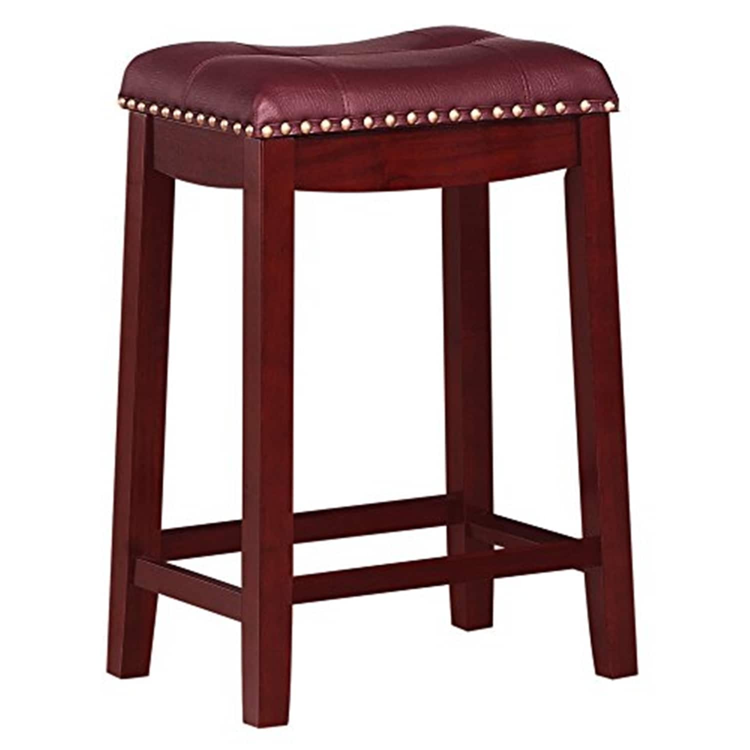 22.5 In.H Red Finish Low Back Wood Frame Barstool Leather Seat Set Of 1 24
