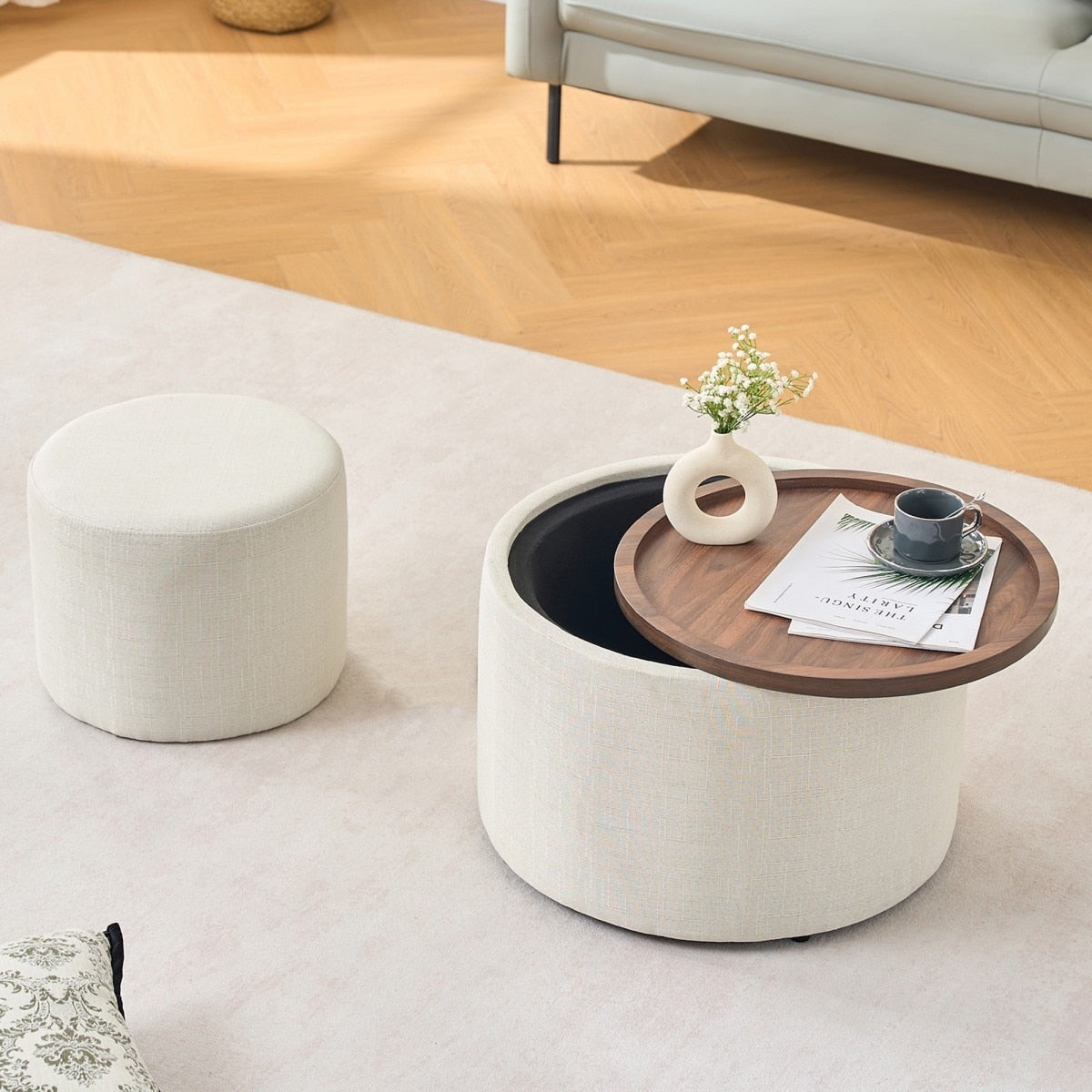 22.75 Linen Upholstered Round Nesting Storage Ottoman