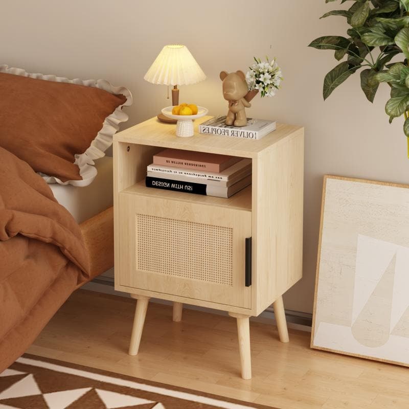 22.83 Solid Wood Rattan Nightstand With Door Shelf Oak Finish Bedside End Table For Small Spaces