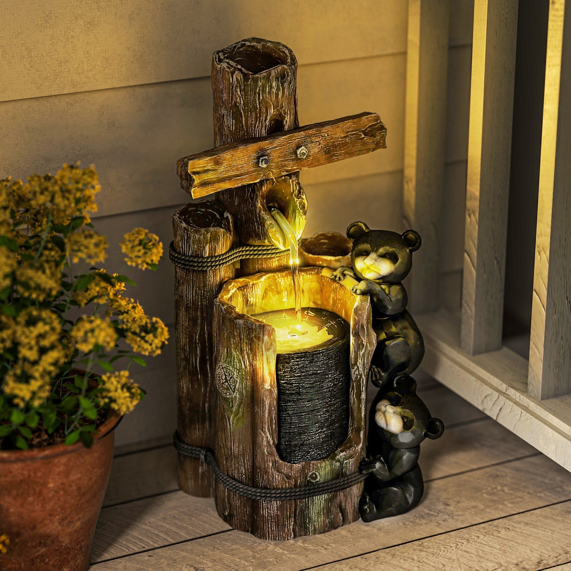 22.8 Outdoor Water Fountain 3 Tier Floor Standing Resin Bears On Log Waterfall Fountain With Led Lights Pump