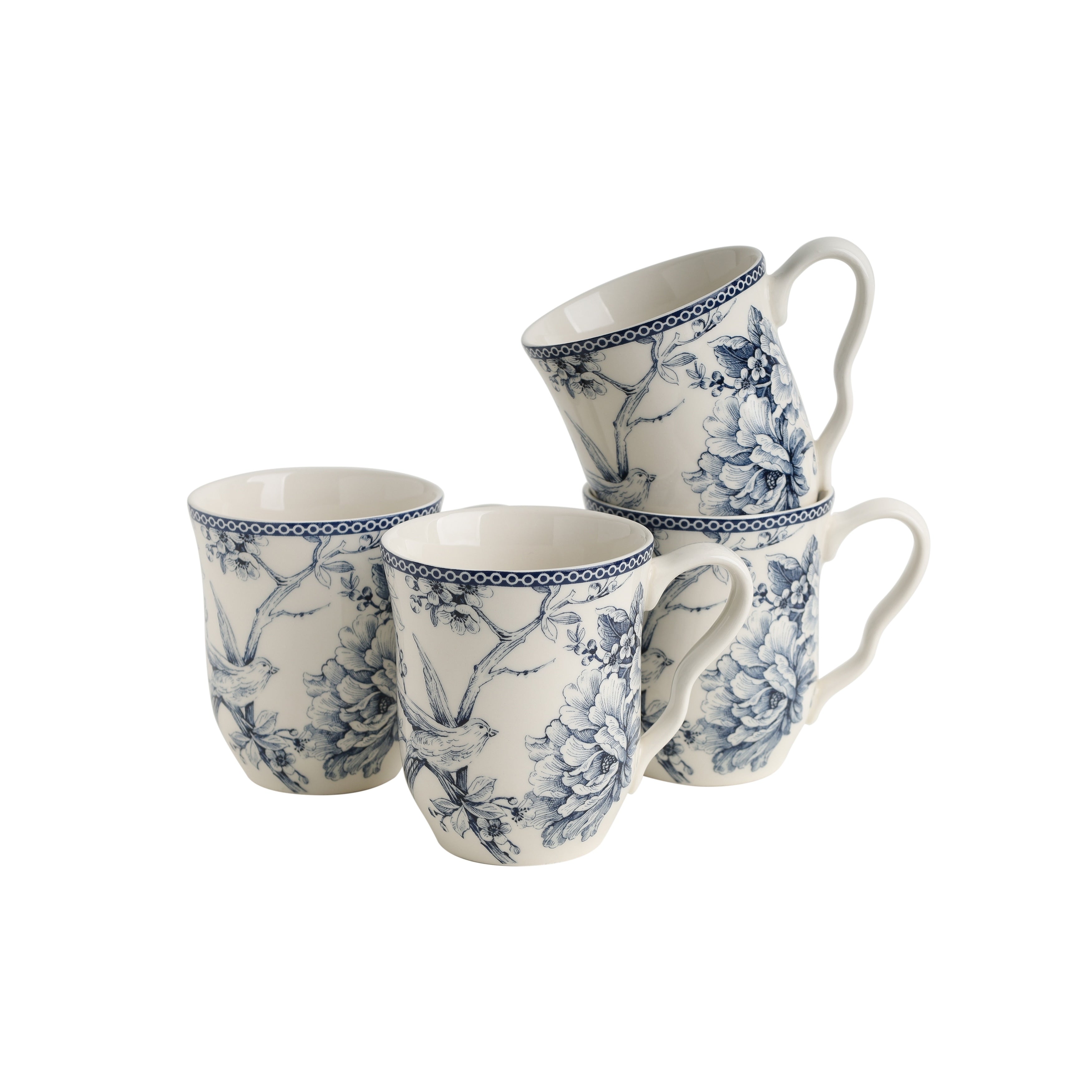 222 Fifth Adelaide Large Coffee Mugs Set Of 4 Blue Porcelain Cups 14.5 Oz