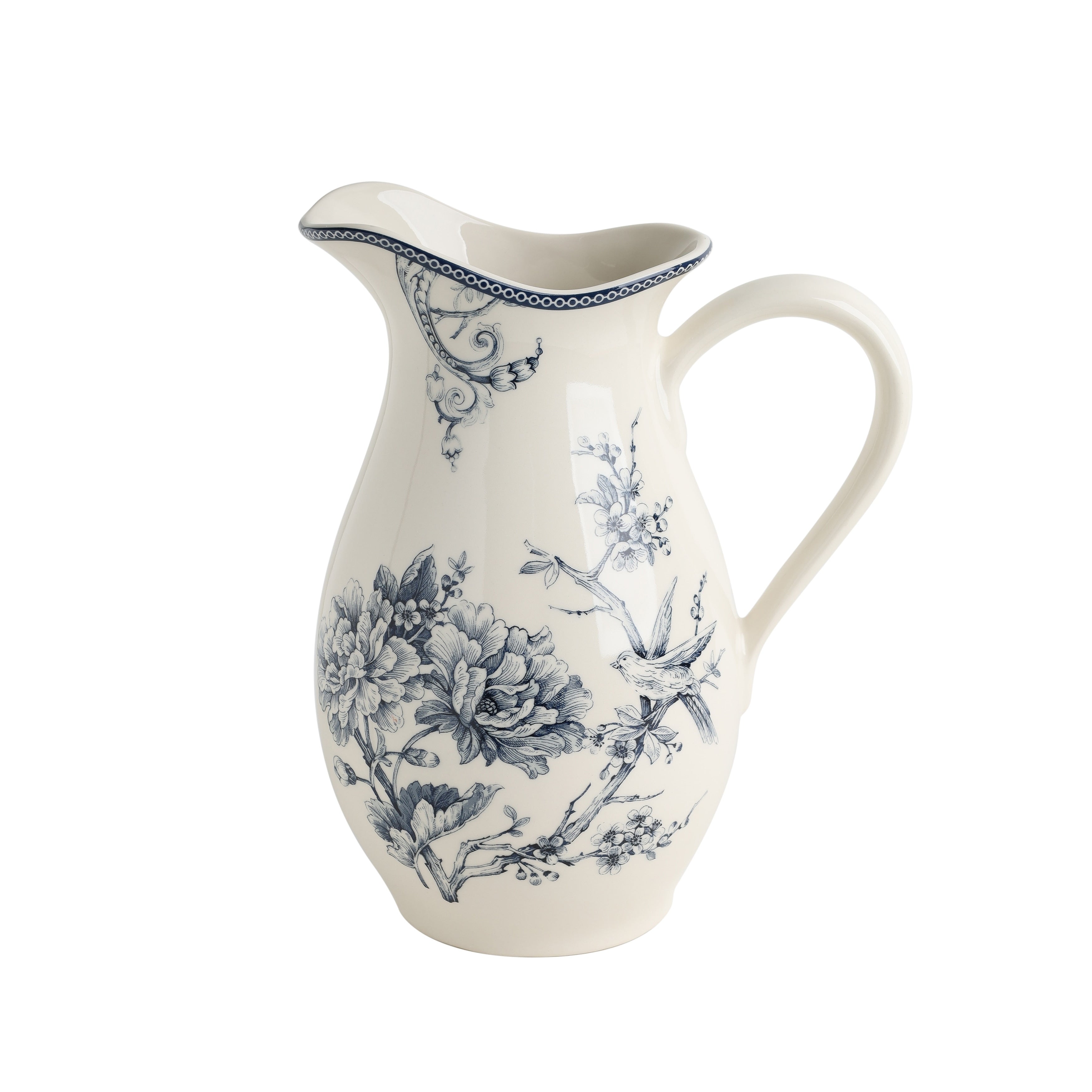 222 Fifth Adelaide Porcelain Pitcher Blue White Large Floral Vase 100Oz