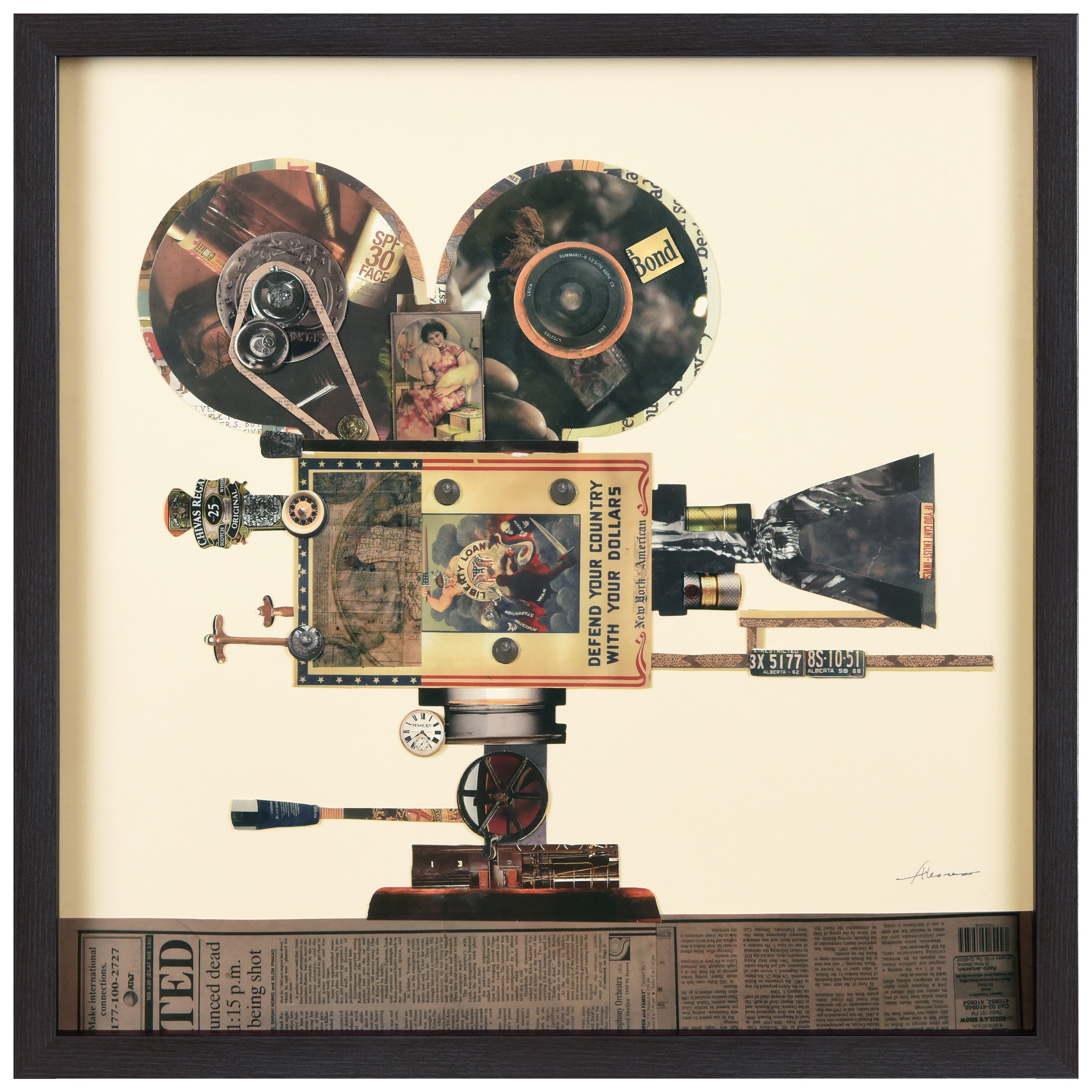 Empire Art Antique Film Projector Hand Made Signed Art Collage By Ead Artists Co Op Under Tempered Glass In Black Frame