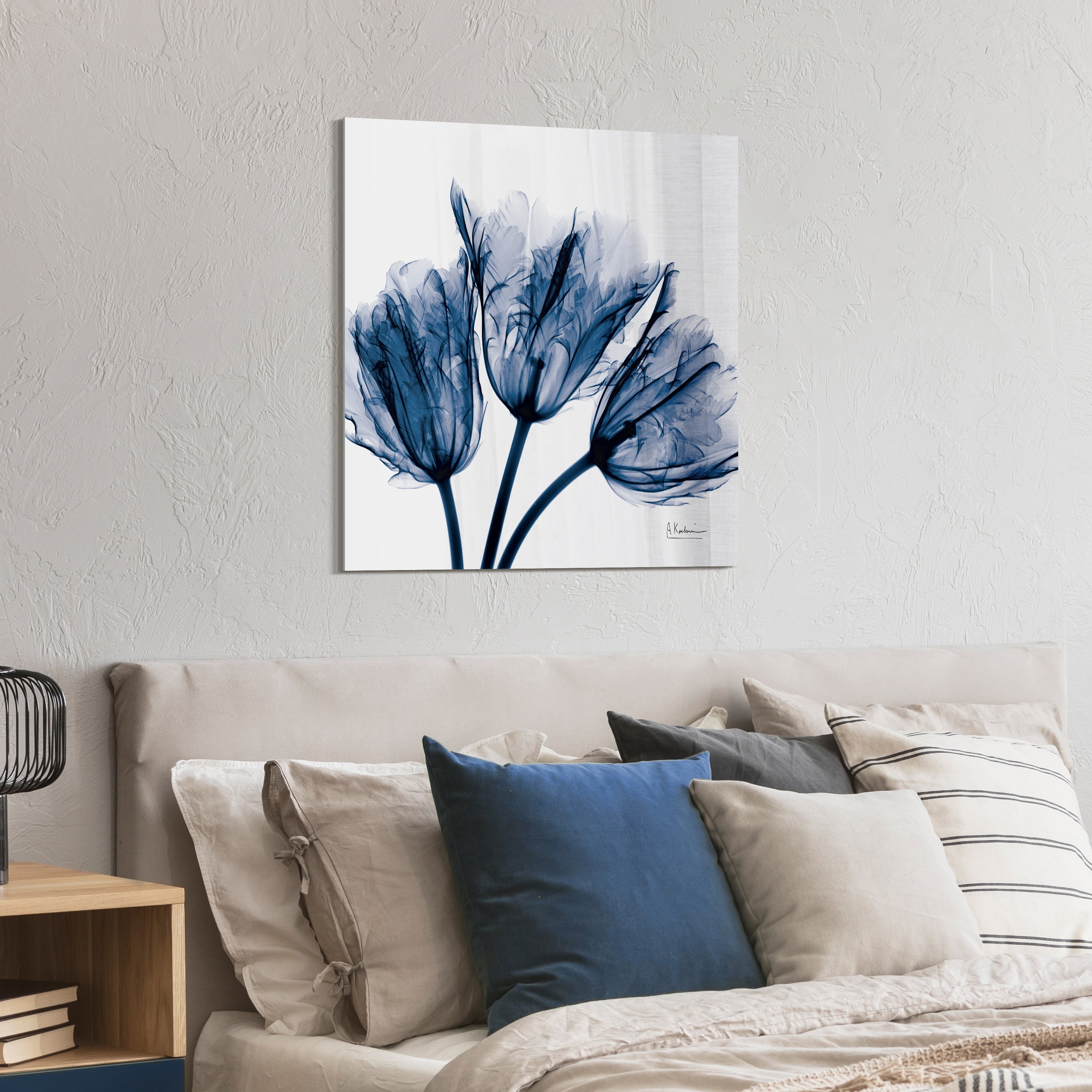 Blue Tulip X Ray Flower Wall Art On Frameless Free Floating Tempered Glass Panel Blue White