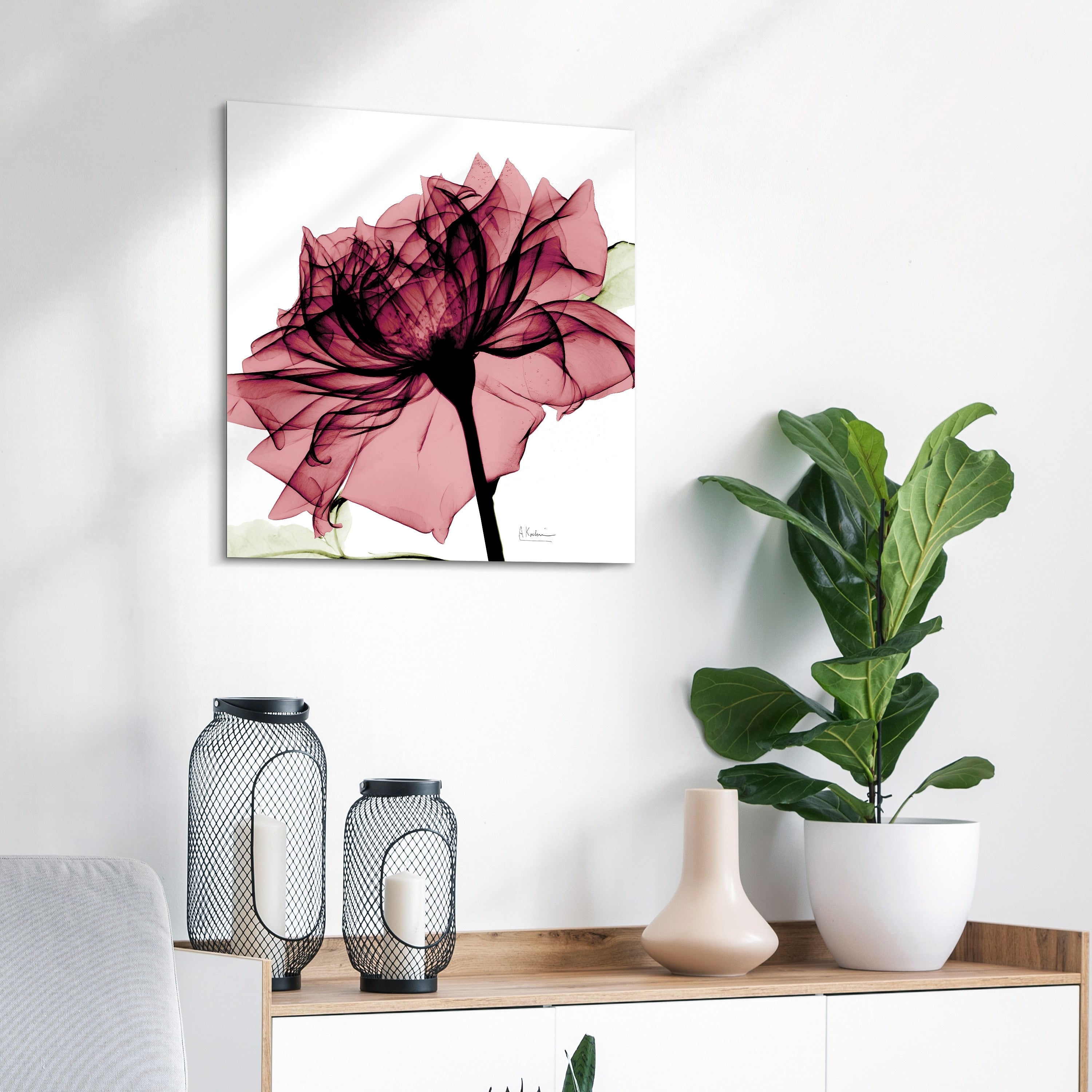 Chianti Rose I Rose Flower Wall Art On Frameless Free Floating Tempered Glass Panel Pink White
