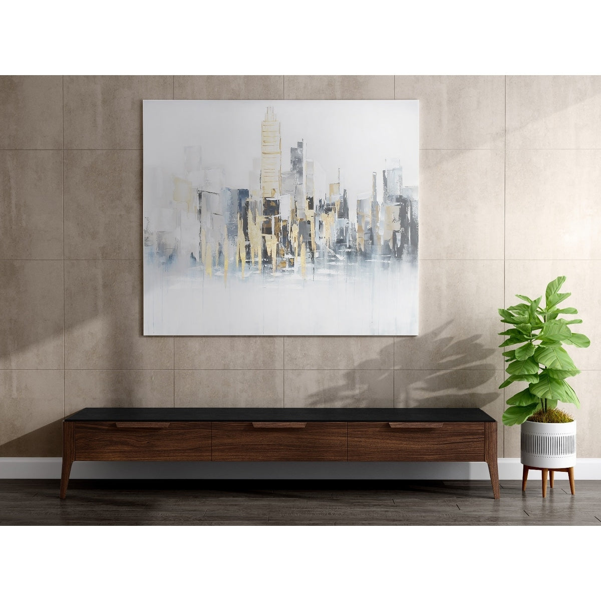 Concete Jungle Hand Painted Cityscape On Canvas With Gold And Silver Leaf Blue Multi Color White