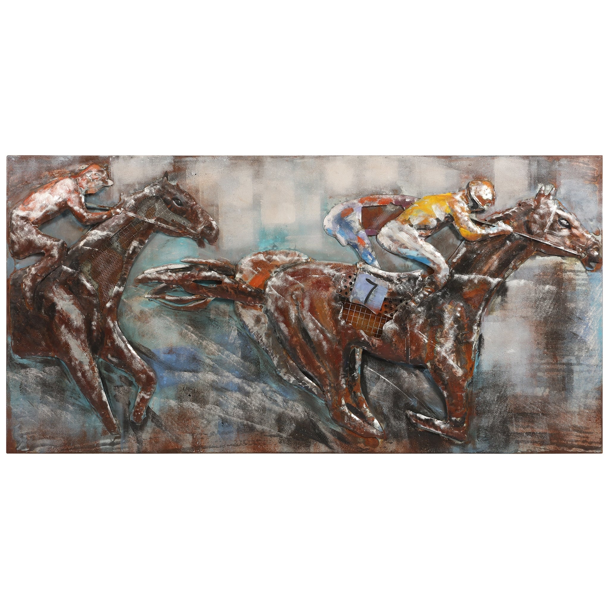 Horse Race Mixed Media Iron Hand Painted Dimensional Wall Art