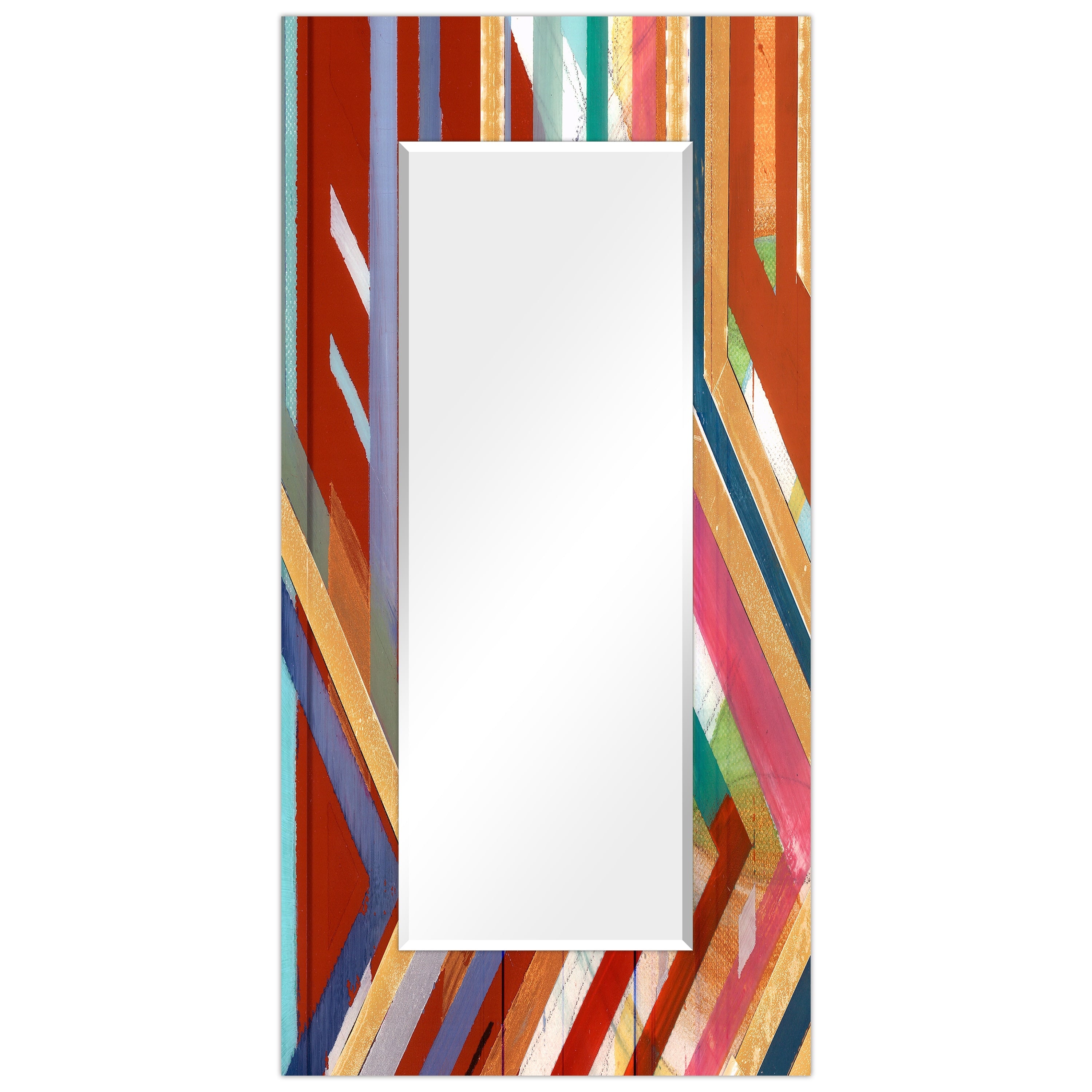 Abstract Beveled Wall Mirror On Free Floating Printed Tempered Glass Clear 72 X 36
