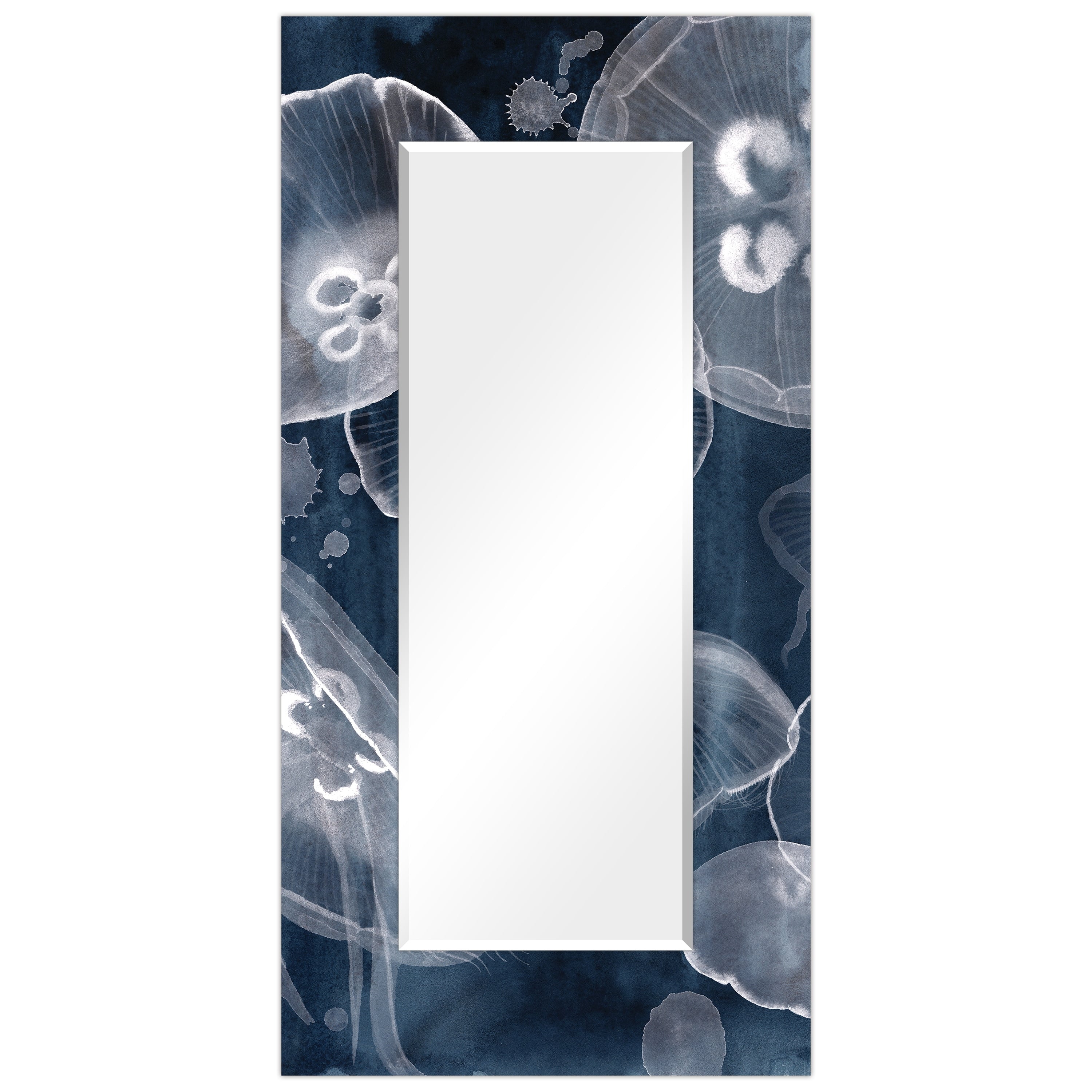 Abstract Beveled Wall Mirror On Free Floating Printed Tempered Glass Clear 72 X 36