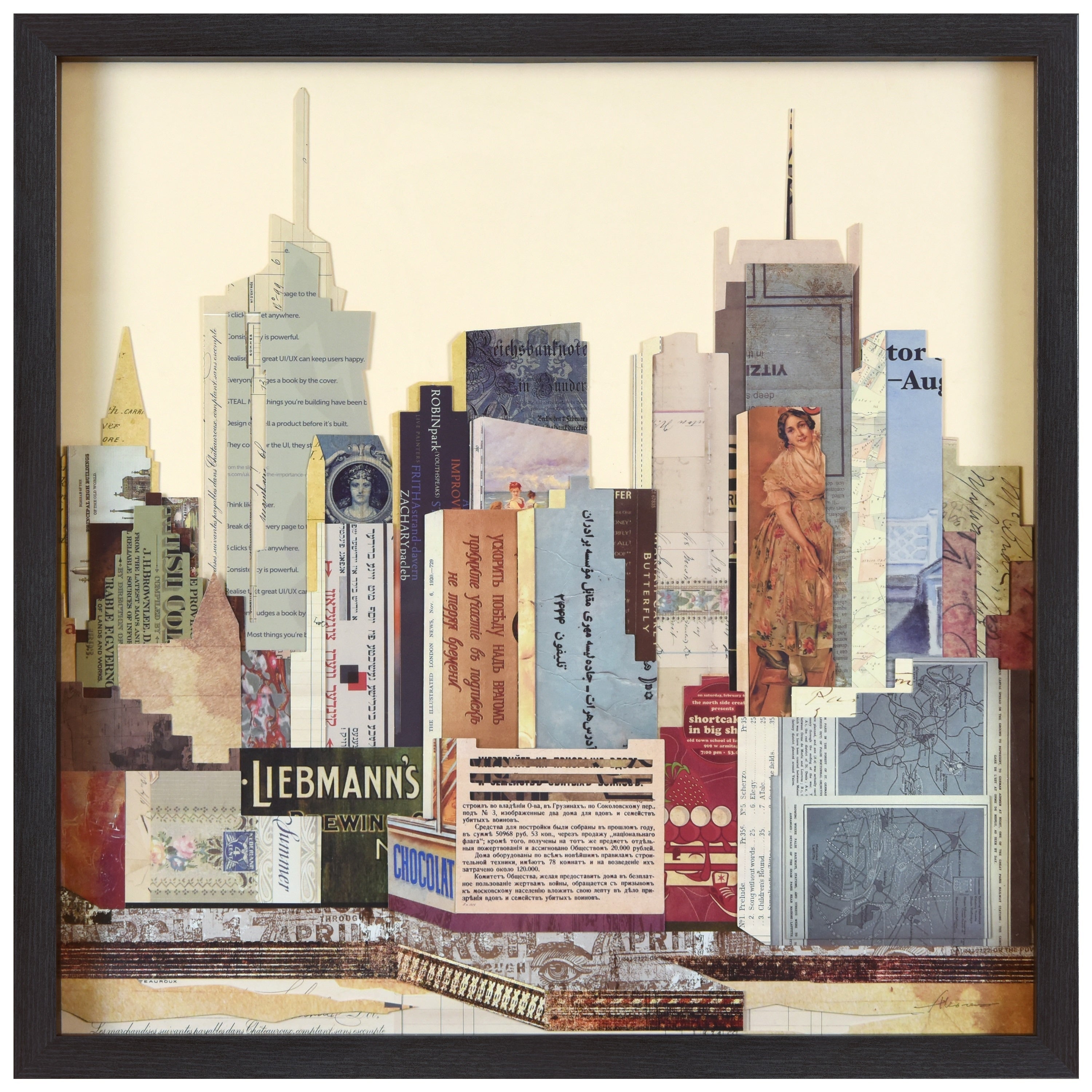 Empire Art New York City Skyline Hand Made Signed Art Collage By Ead Artists Co Op Under Tempered Glass In Black Frame