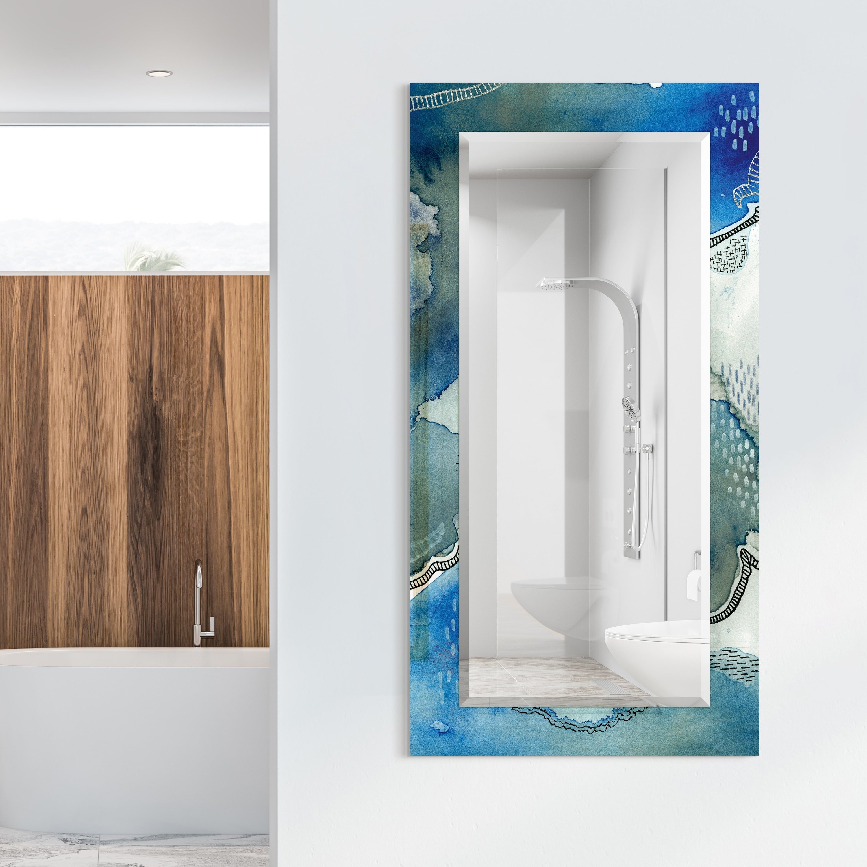 Blue Abstract Beveled Wall Mirror On Free Floating Tempered Glass Clear 72 X 36