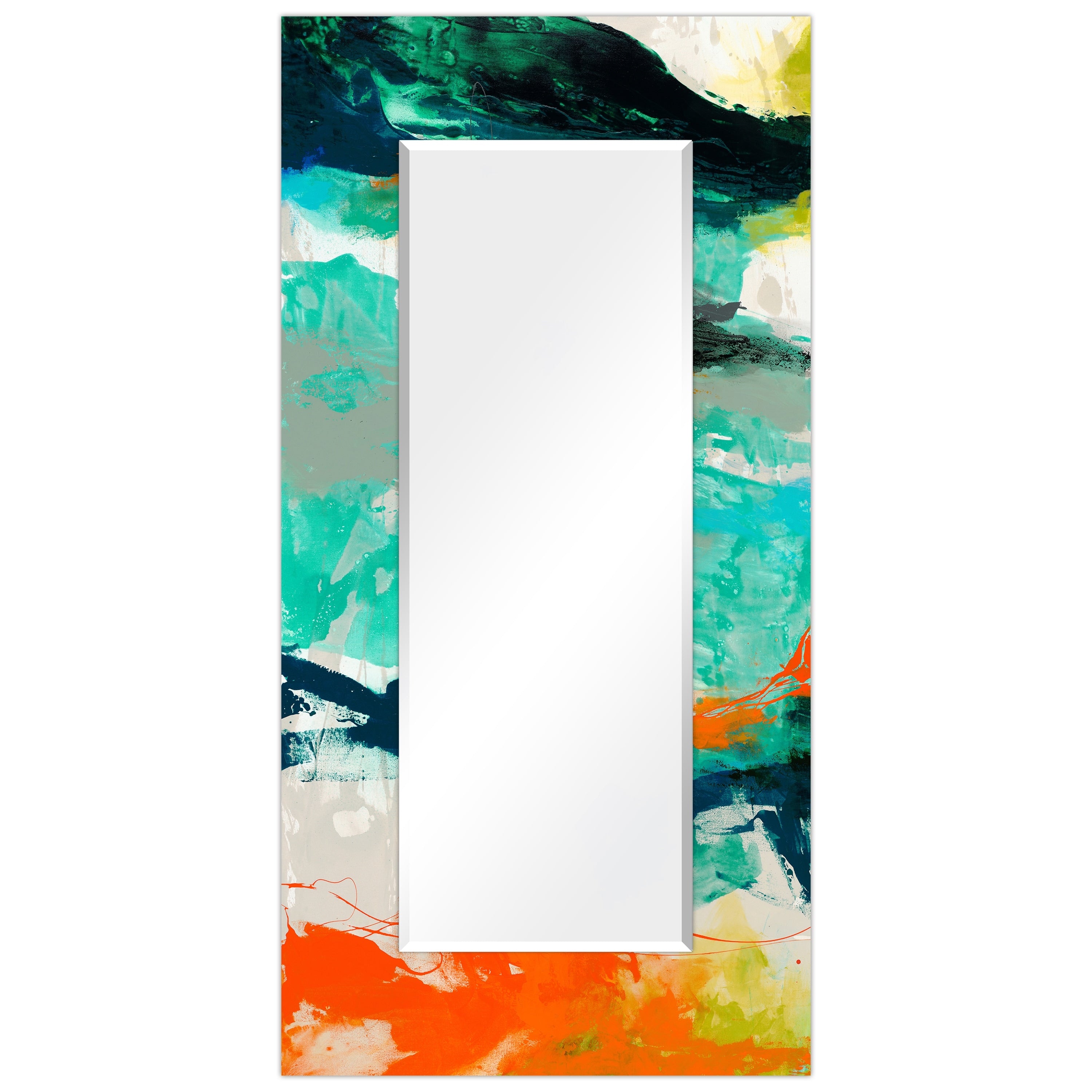 Abstract Beveled Wall Mirror On Free Floating Printed Tempered Glass Clear 72 X 36