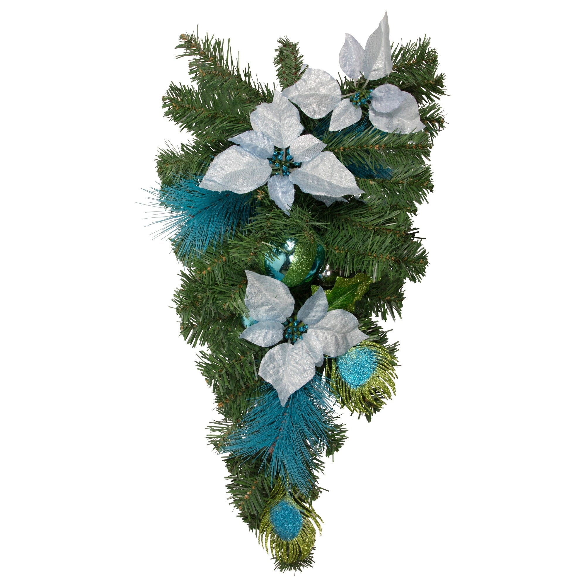 24 Blue And Silver Peacock And Poinsettia Artificial Christmas Teardrop Swag Unlit