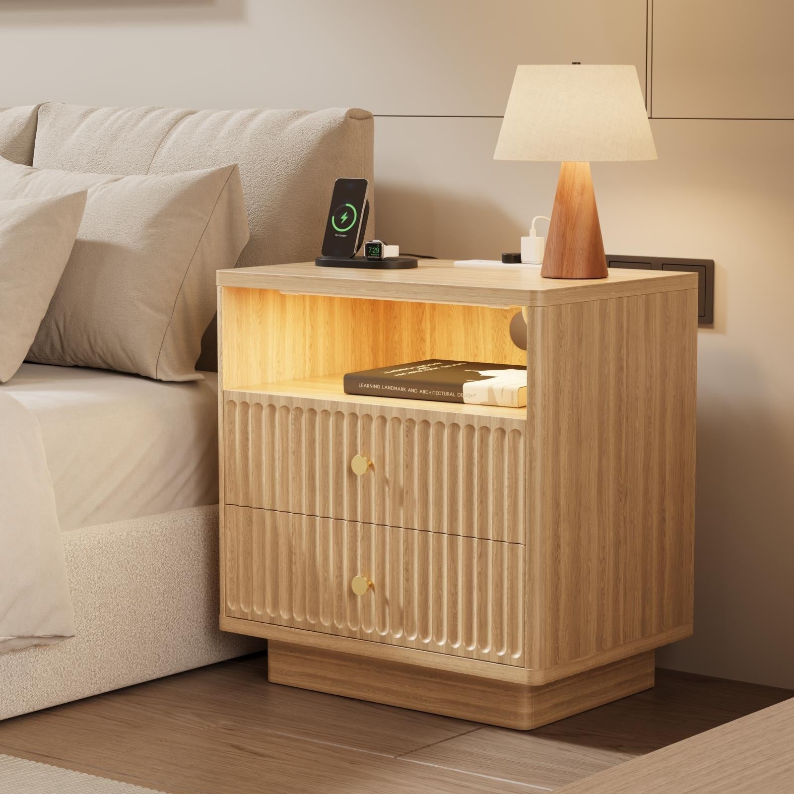 22.72 W Led Sensor Nightstand W Storage And Built In Charging Station