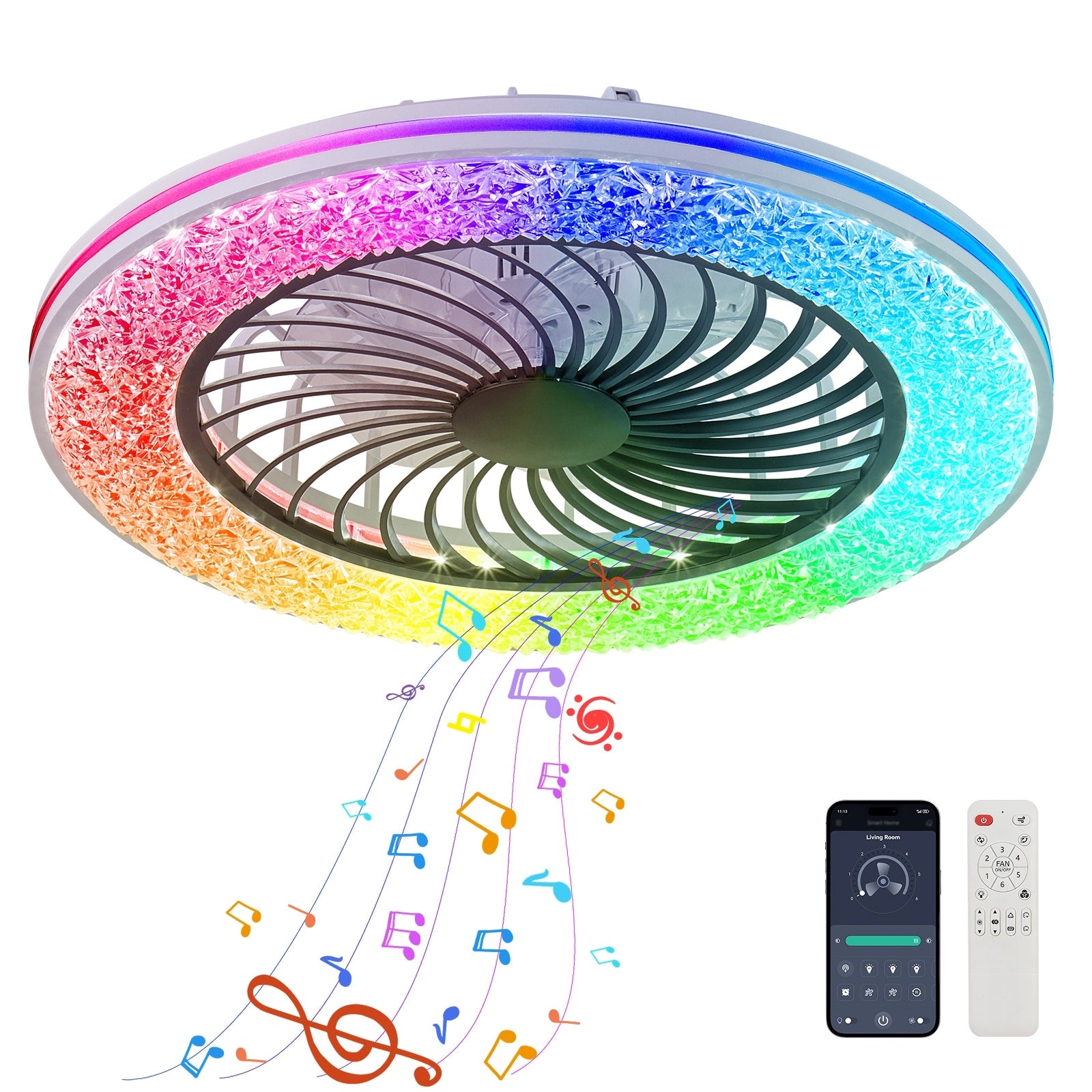 23 Inch Led Enclosed Ceiling Fans With Lights Rgb Bladeless Modern Ceiling Fan Low Profile For Living Room 23 Inch