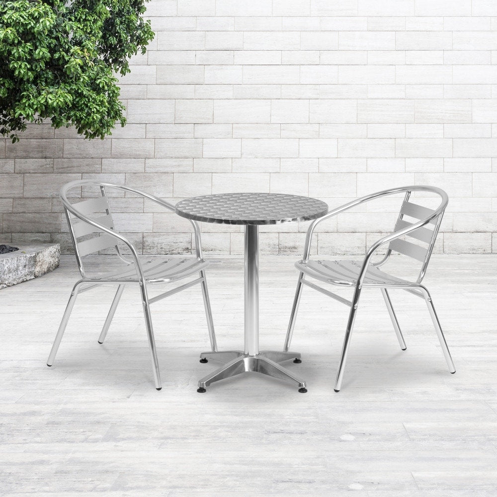 23.5 Round Aluminum Indoor Outdoor Table With 2 Slat Back Chairs