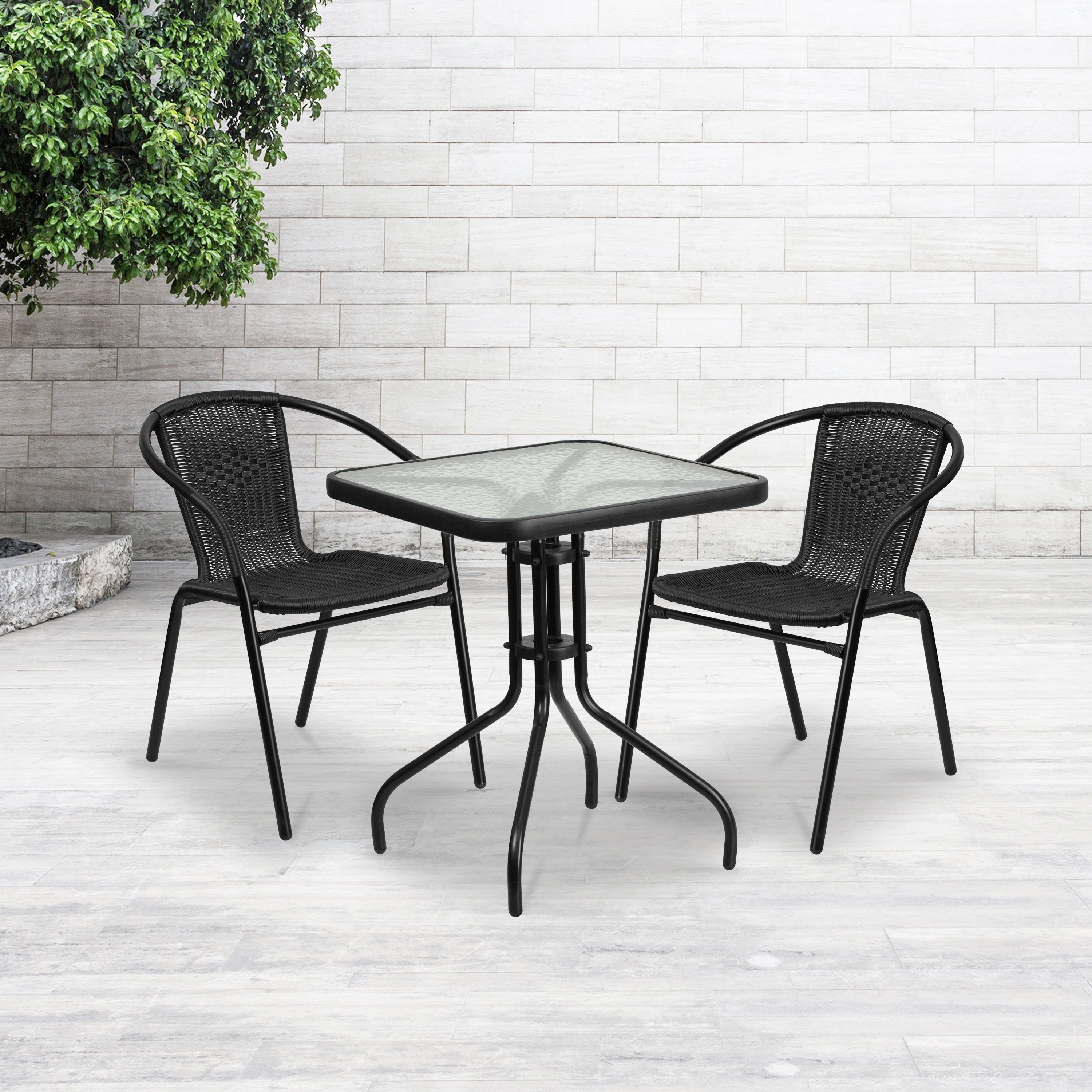 23.5 Inch Square Glass Metal Table With 2 Rattan Stack Chairs