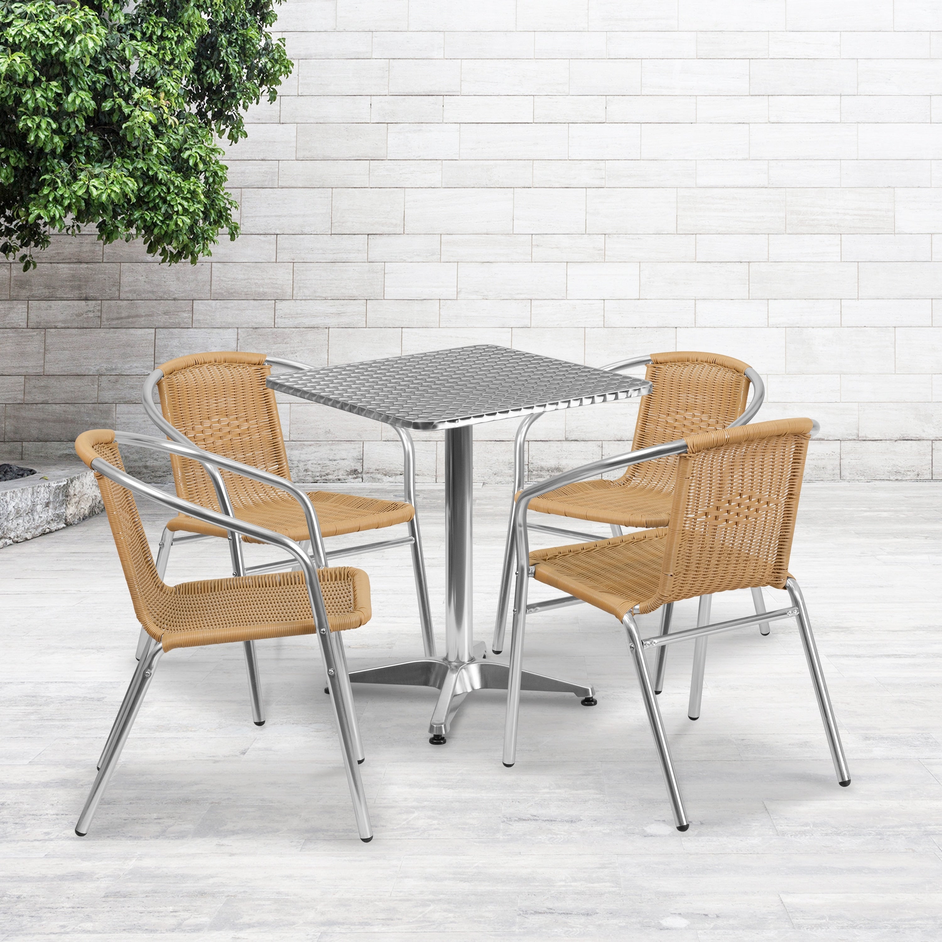 23.5 Inch Square Aluminum Indoor Outdoor Table With 4 Rattan Chairs