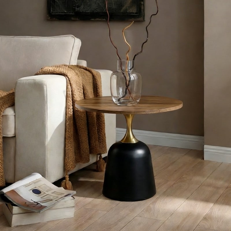 23.6 Inch Round Metal Base Coffee Table With Walnut Wood Grain Finish For Living Room Office Or Sofa Side