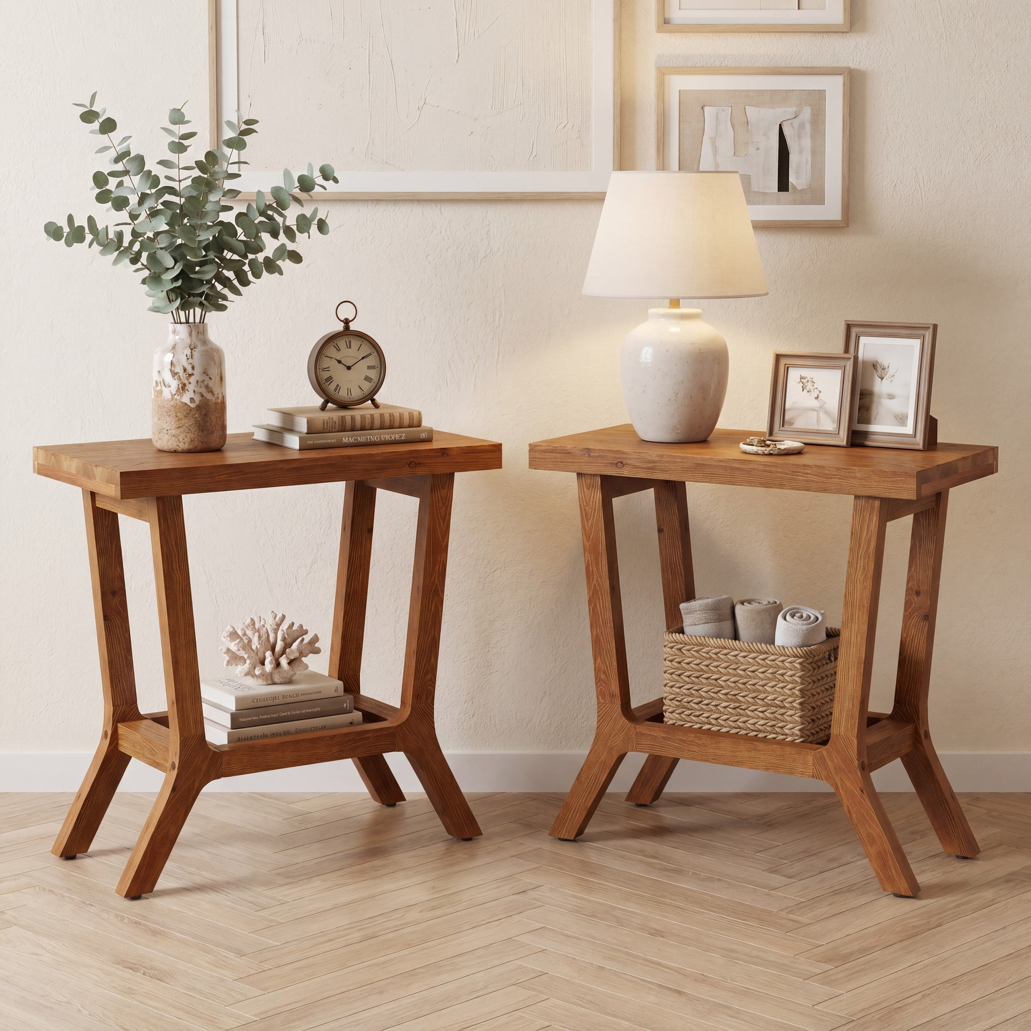23.62 Inches Solid Wood Side Table With Storage 2 Tier End Table For Living Room Set Of 2