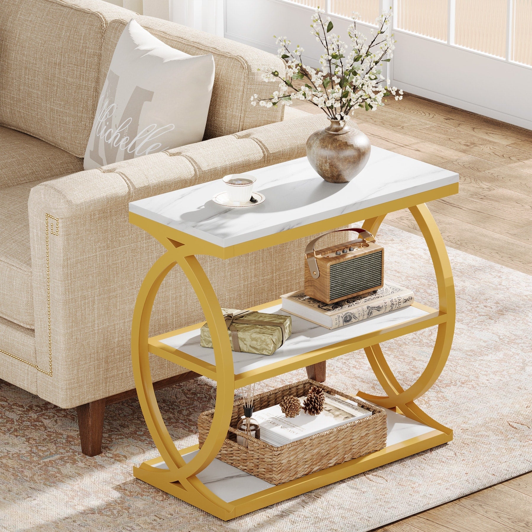 23.62 Narrow 3 Tier End Table With Metal Frame For Living Room