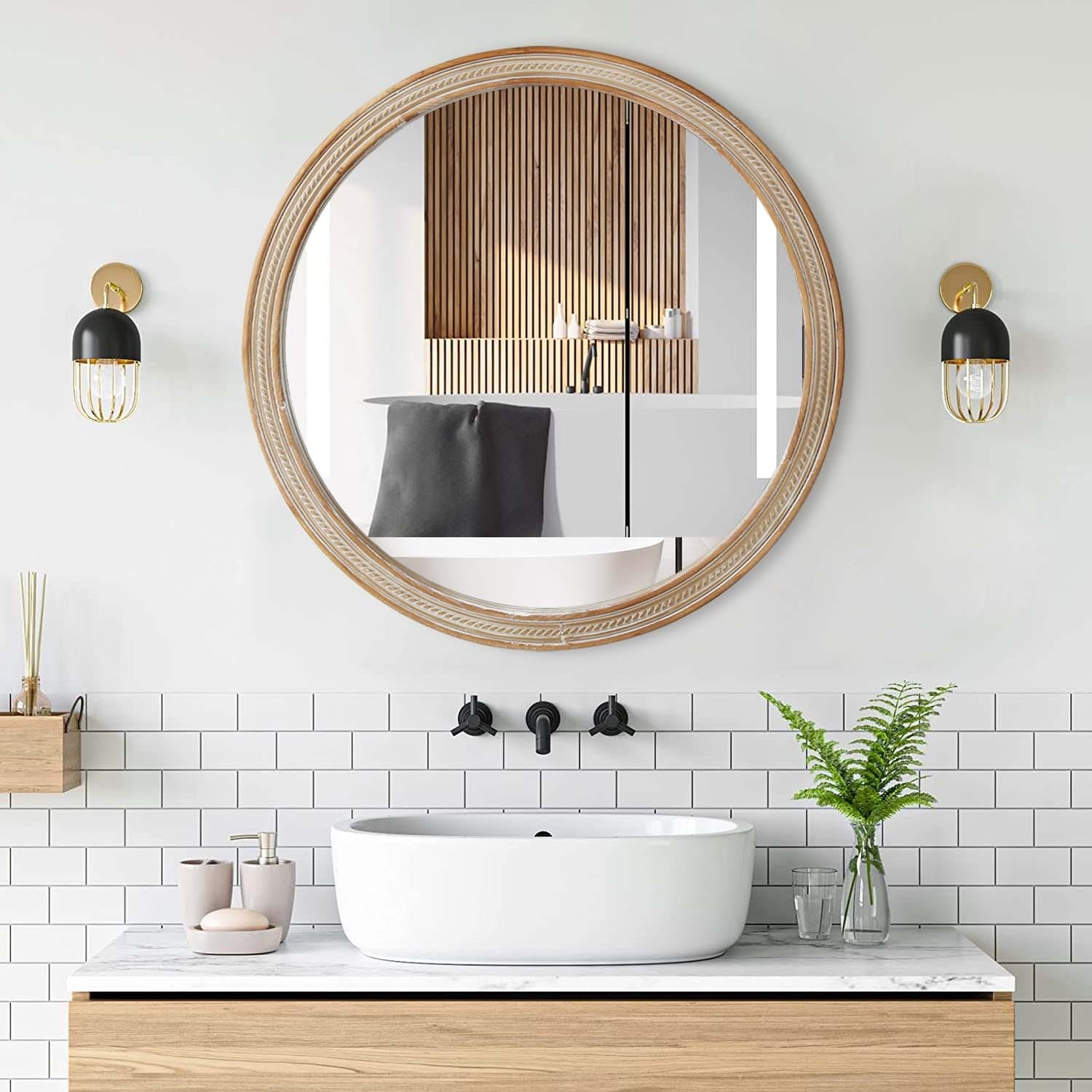 23.62 Round Decorative Wall Mirror With Woven Rattan Textured Frame