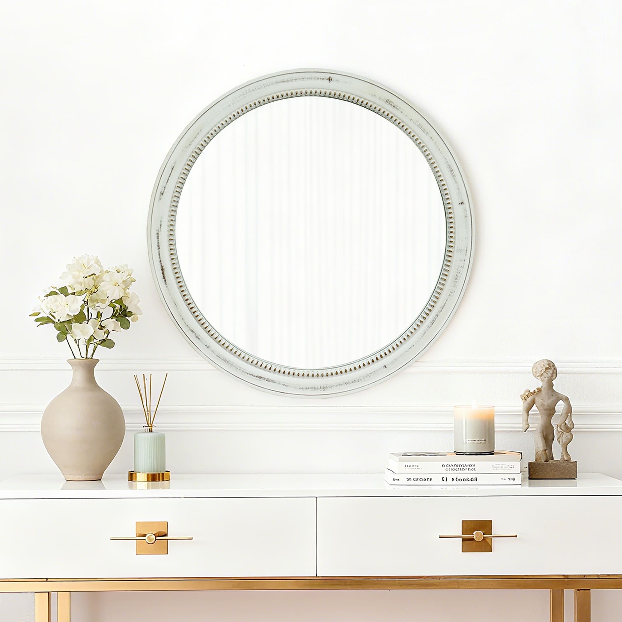 23.62 Round Wood Wall Mirror With Ribbed Detail