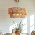 23.62 Handwoven Woven Paper Rattan Chandelier 2 Tier Boho Wabi Sabi Pendant Light Gold Metal Hanging Ceiling Lamp