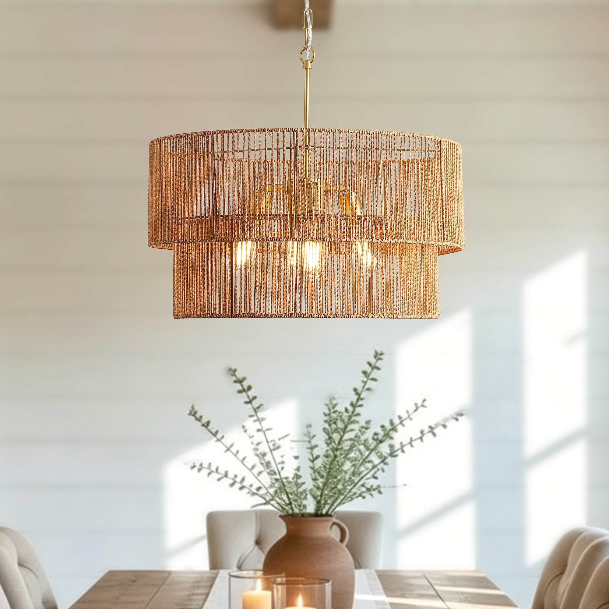 23.62 Handwoven Woven Paper Rattan Chandelier 2 Tier Boho Wabi Sabi Pendant Light Gold Metal Hanging Ceiling Lamp